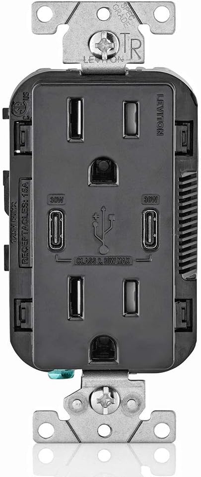 Leviton T5635-W USB Dual Type-C with Power Delivery (PD) In-Wall Charger with 15 Amp, 125 Volt Tamper-Resistant Outlet, White Pack of 2