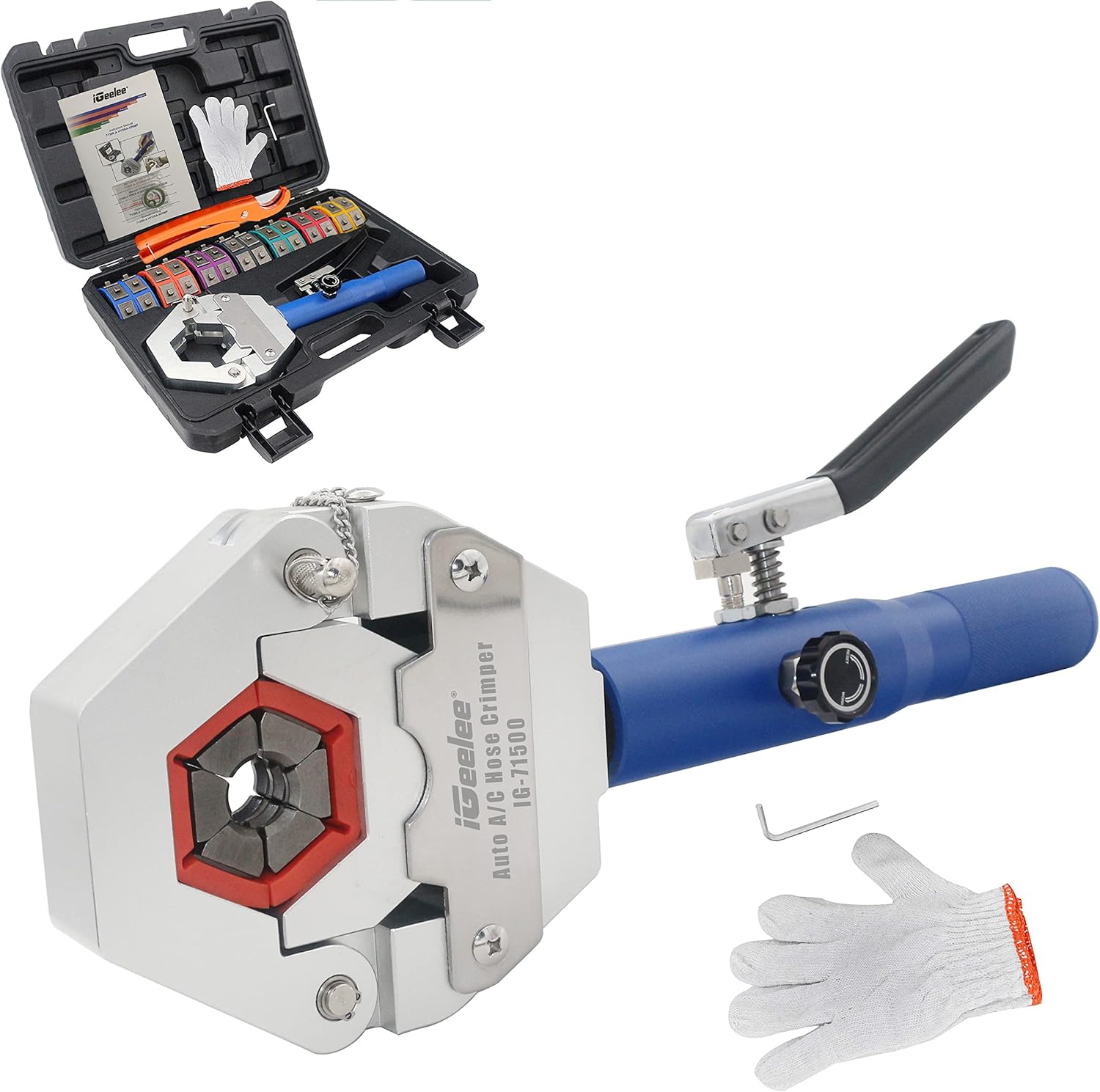 iGeelee Hydraulic Hose Crimper AC Crimping Tool for Barbed and Beaded Hose Fittings, Air Conditioning Repaire Ac Hose Crimper with 7 Die Set