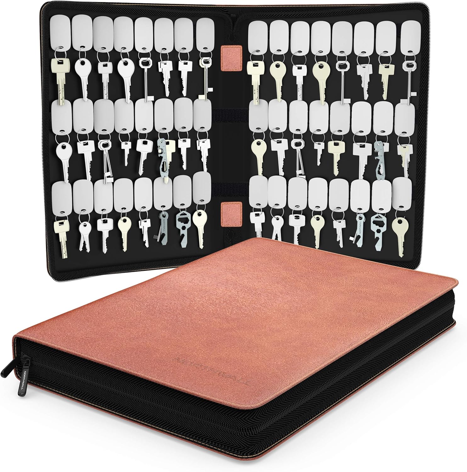 Portable Zippered Key Case - Leather Key Organizer Key Binder with Tags - Portable Manager & Landlord Key Holder Book - Zipper Key Case with 28 Velcro Key Tags (Brown, 28) Pack of 2