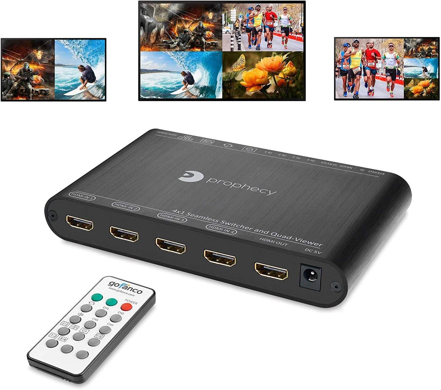 gofanco Prophecy 1080p Quad Multi-Viewer 4x1 HDMI Switcher with Seamless Switch, Split Screen, 5 Display Modes, Audio Extractor to Stereo, IR Remote/Software/Push Button Selector, TAA Compliant