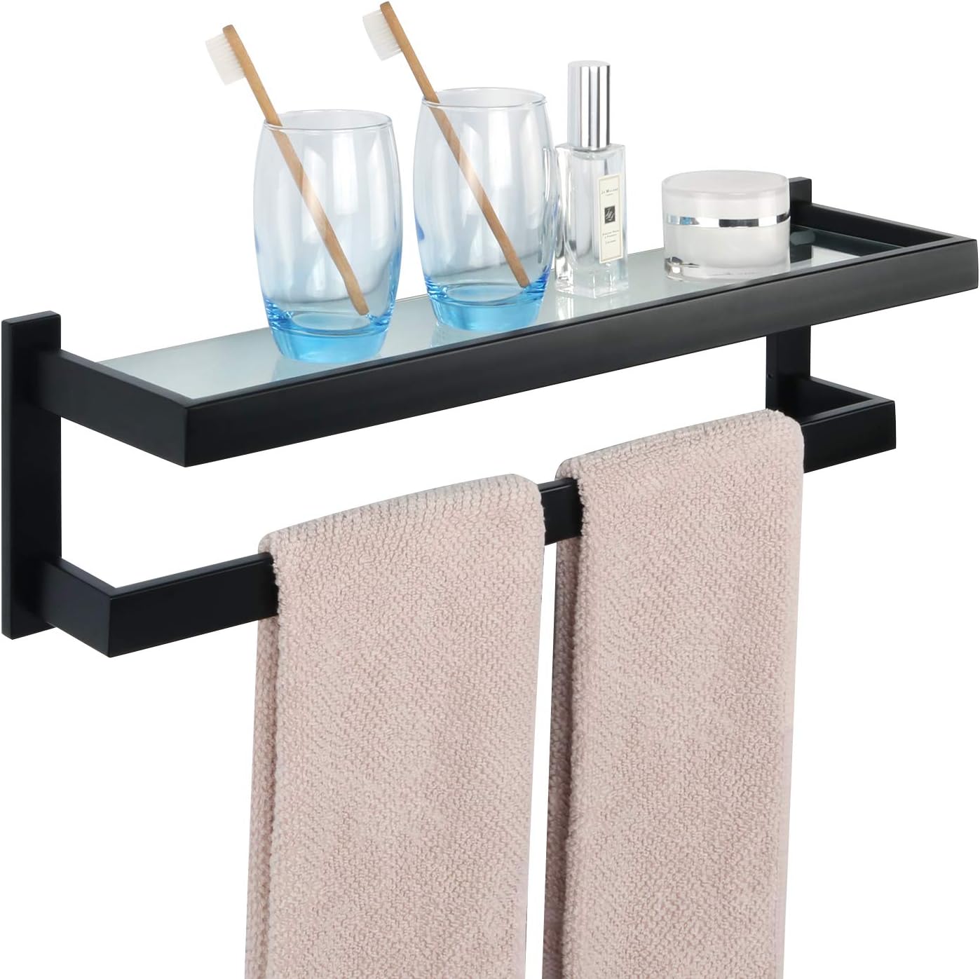 Alise GOY006BL-B Glass Shelf SUS 304 Stainless Steel Bathroom Shelf with Towel Bar/Rail Shower Towel Rack Wall Mount 25-Inch Length,Matte Black Pack of 2