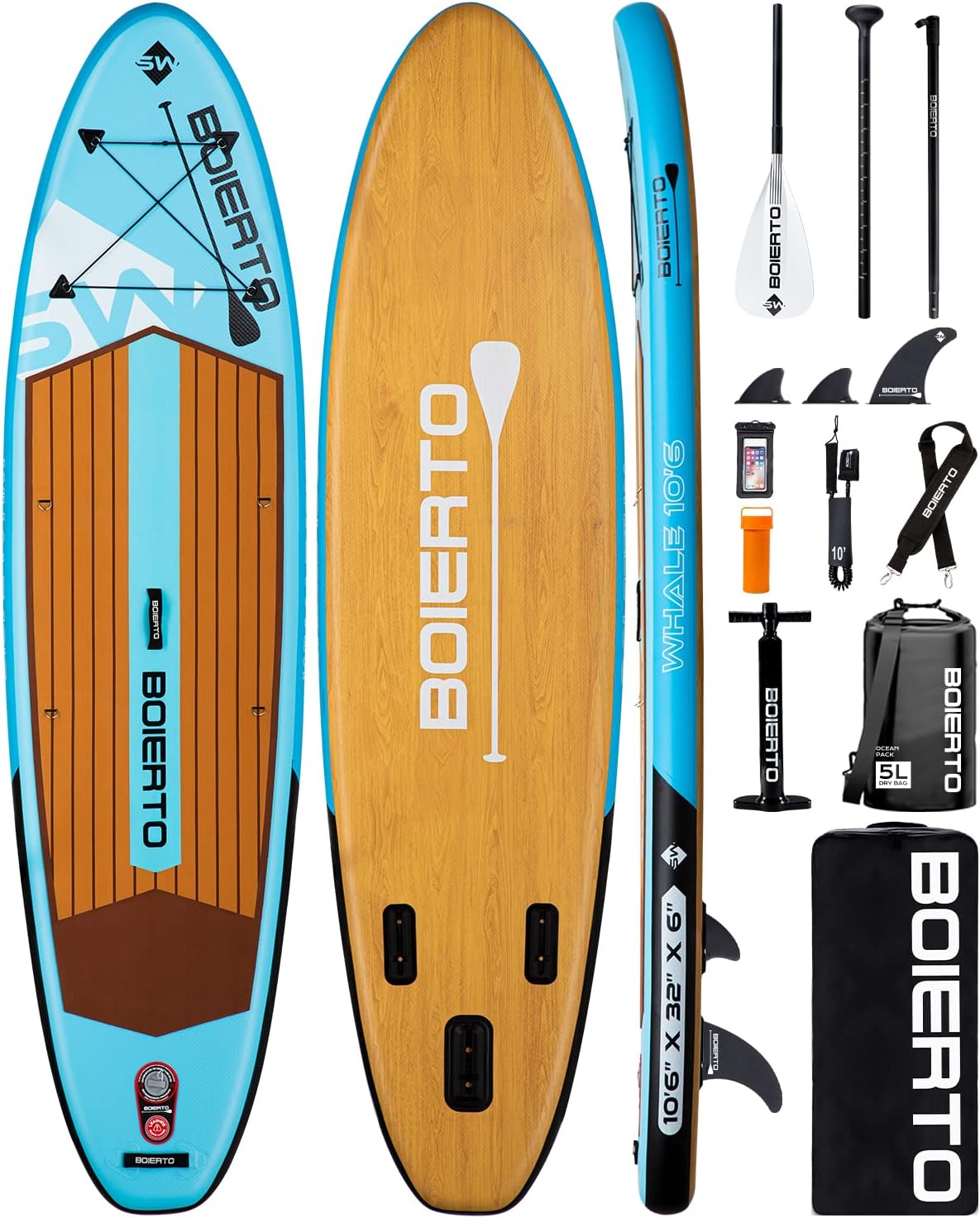 BOIERTO Inflatable Stand Up Paddle Boards 10'6''x32''x6'' Premium SUP Accessories & Backpack, Wide Stance, Surf Control, Non-Slip Deck, Leash, Paddle and Pump, Standing Boat for Youth & Adult