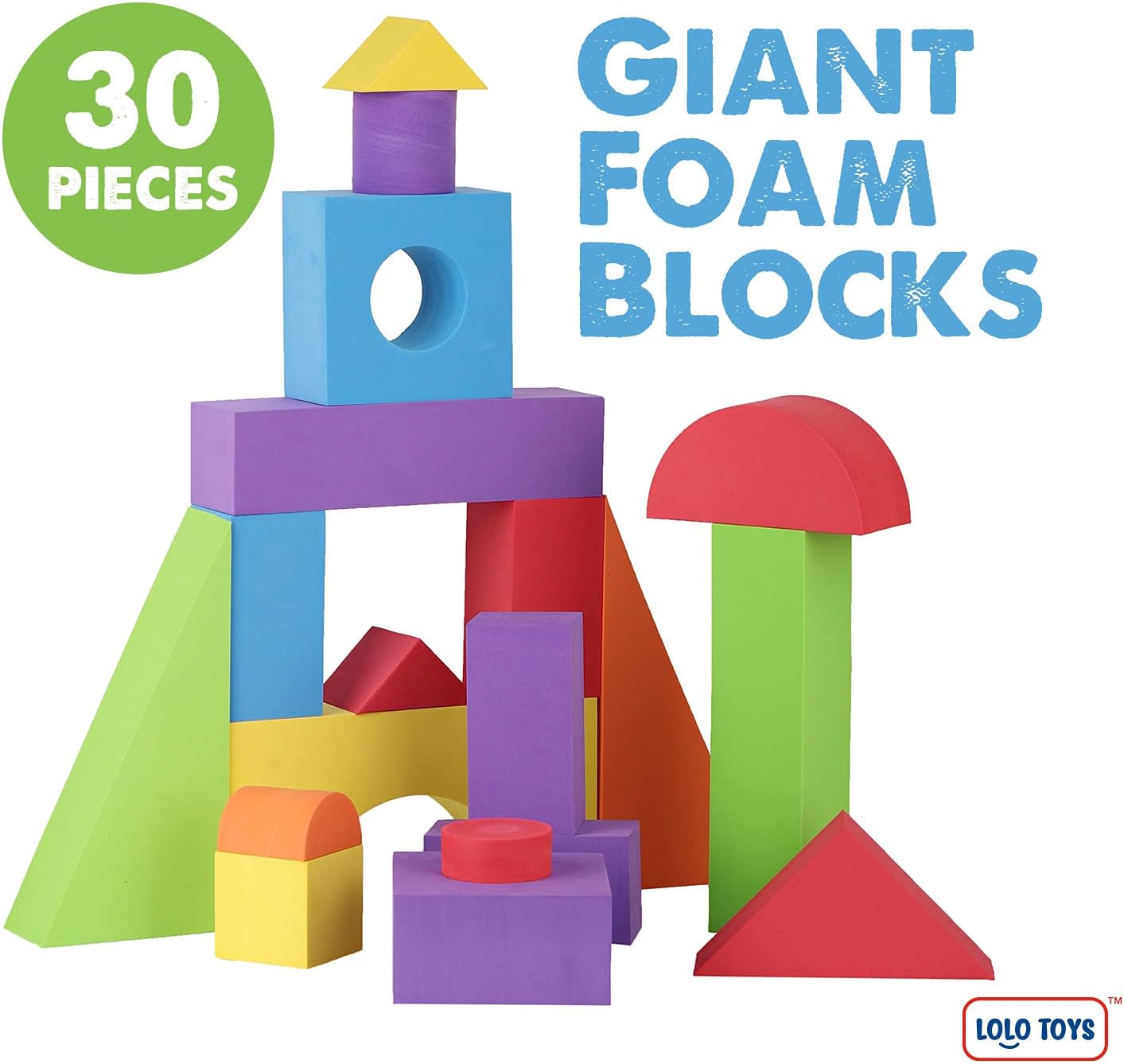 Large Building Foam Blocks for Toddlers &ndash; 30 Piece Giant Jumbo Big Building Blocks &ndash; Variety Shapes and Colors &ndash; Waterproof, Washable, Stackable, Non-Toxic Construction Daycare Preschool Toys