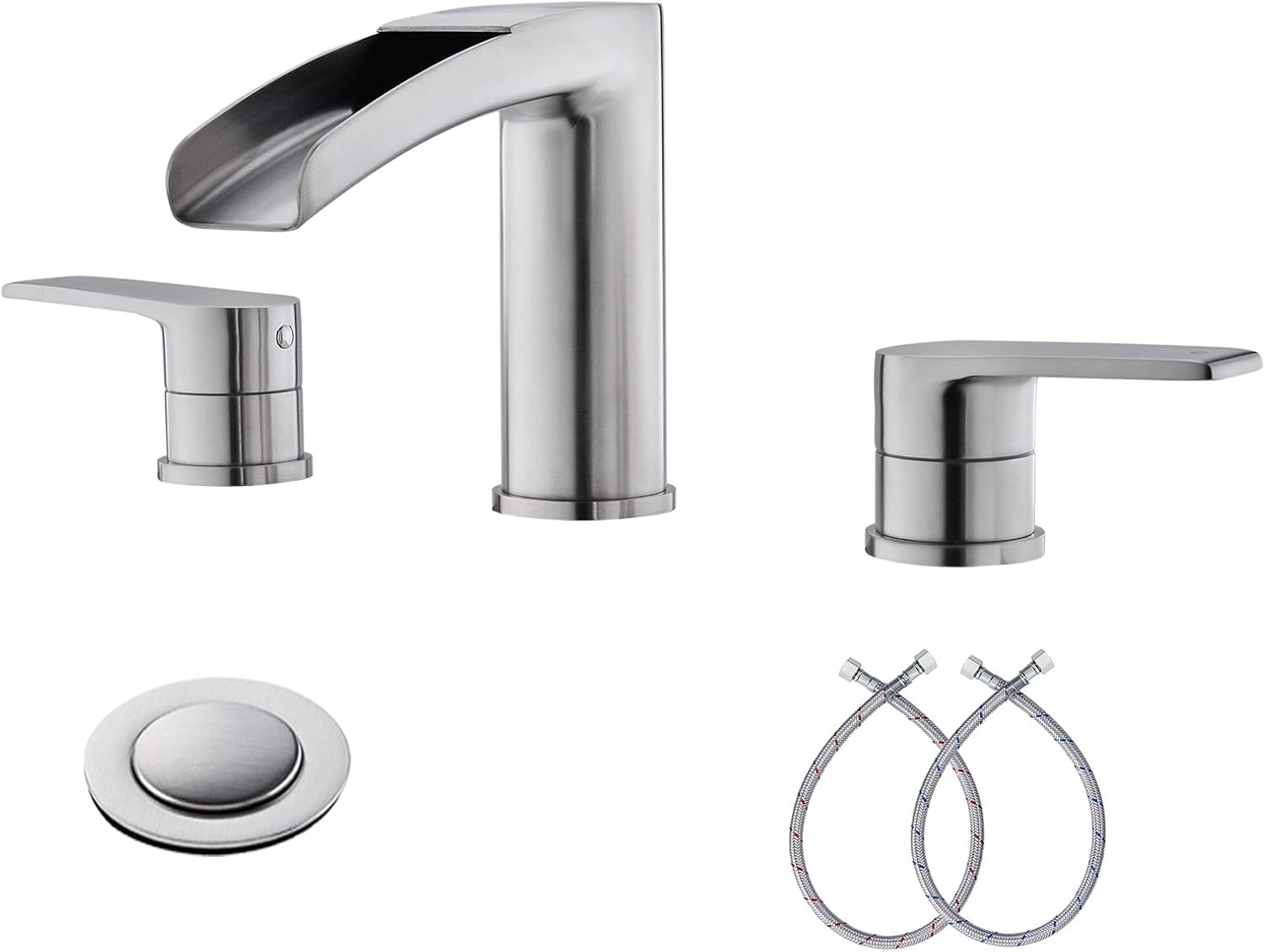 Matte Black 2 Handle 3 Hole Widespread 8 Inch Waterfall Bathroom Faucet, Phiestina Faucet with Metal Drain Assembly and Water Supply Line, NS-WF005-MB