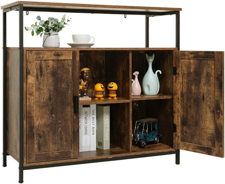 USIKEY Industrial Floor Storage Cabinet with 2 Doors, Kitchen Free Standing Cabinet with Adjustable Shelves, Feet, Storage Sideboard, Accent Cabinet, for Living Room Entry Bedroom, Rustic Brown
