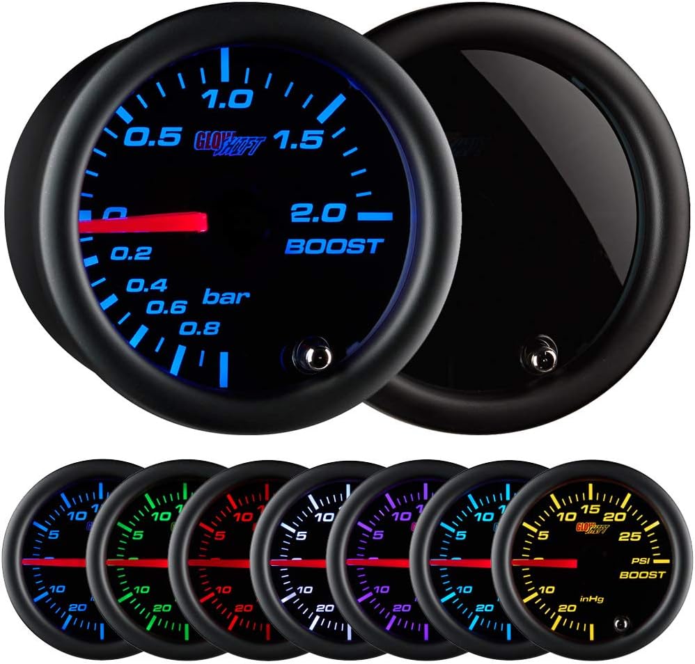 GlowShift Tinted 7 Color 2.0 BAR Boost/Vacuum Gauge Kit - Includes Mechanical Hose & Fittings - Black Dial - Smoked Lens - for Car & Truck - 2-1/16