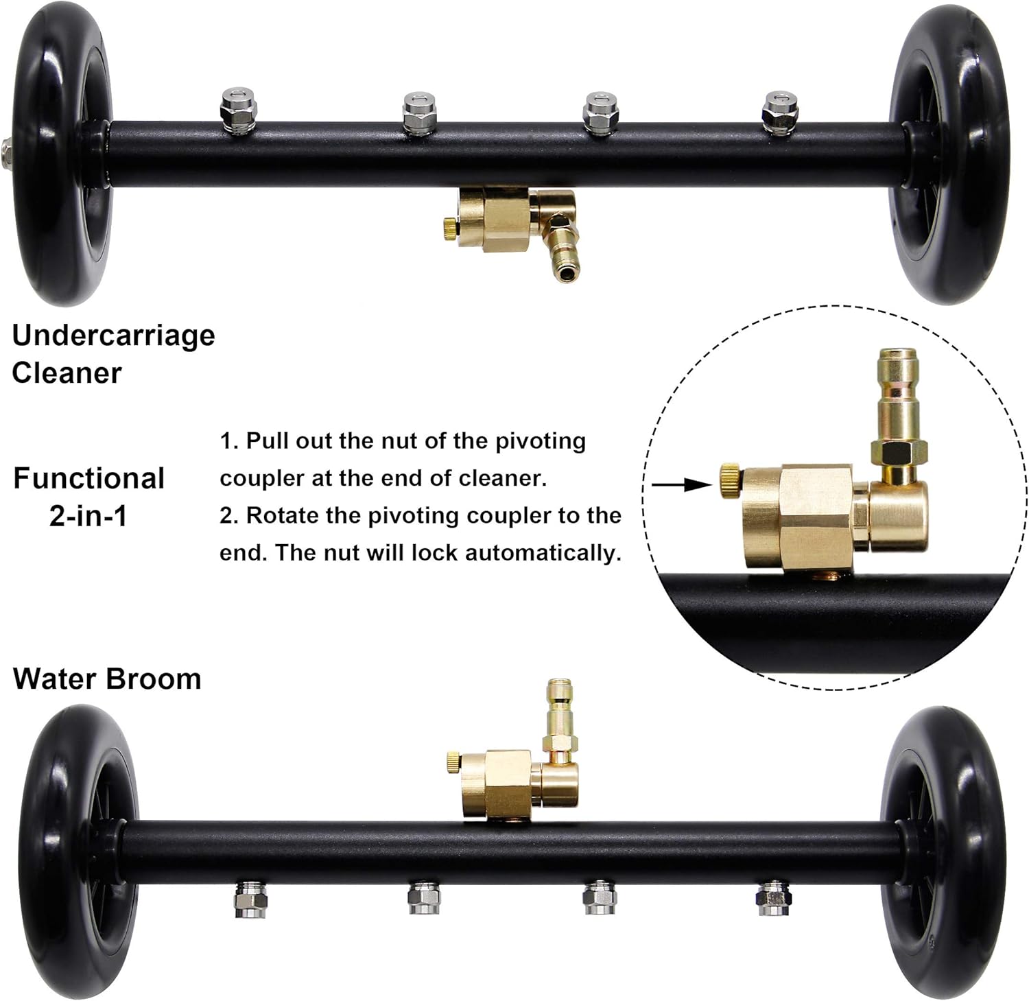 Biswing Dual-Function Undercarriage Cleaner, 16 Inch Surface Cleaner for Pressure Washer, Underbody Car Wash Water Broom with 2 Pieces Straight Extension Wand, 1 Piece 90 Degree Curved Wand, 4000 PSI