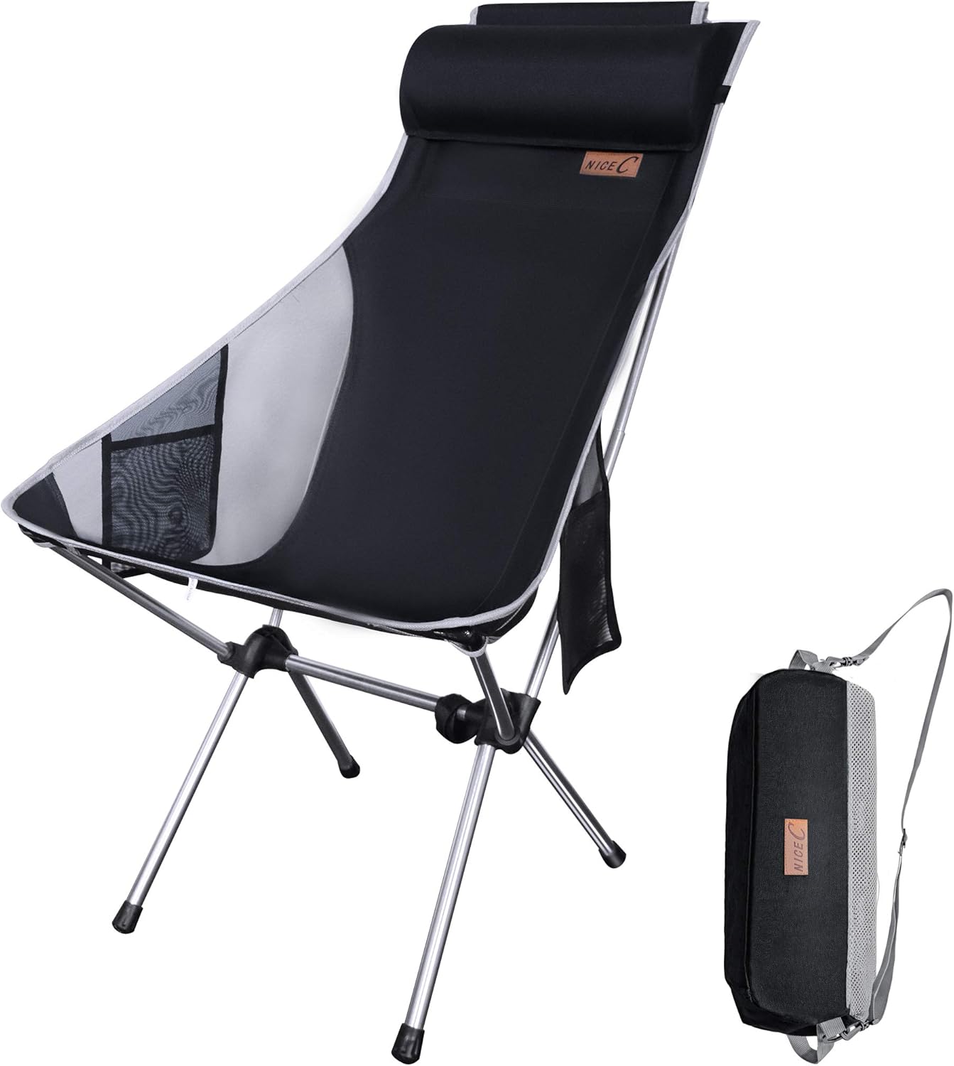Nice C Ultralight High Back Folding Camping Chair, Upgrade with Removable Pillow, Side Pocket & Carry Bag, Compact & Heavy Duty for Outdoor, Camping (Set of 1 Black)
