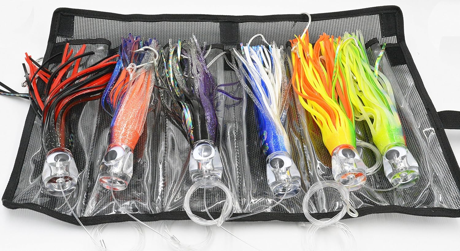 Fishing Lure Set of 6 Trolling Saltwater Skirted Lures: 9 inch Rigged Lures and Black Bag Included. Catch Any Predatory Pelagic Fish in The Ocean Including Dolphin, Tuna, and Wahoo!