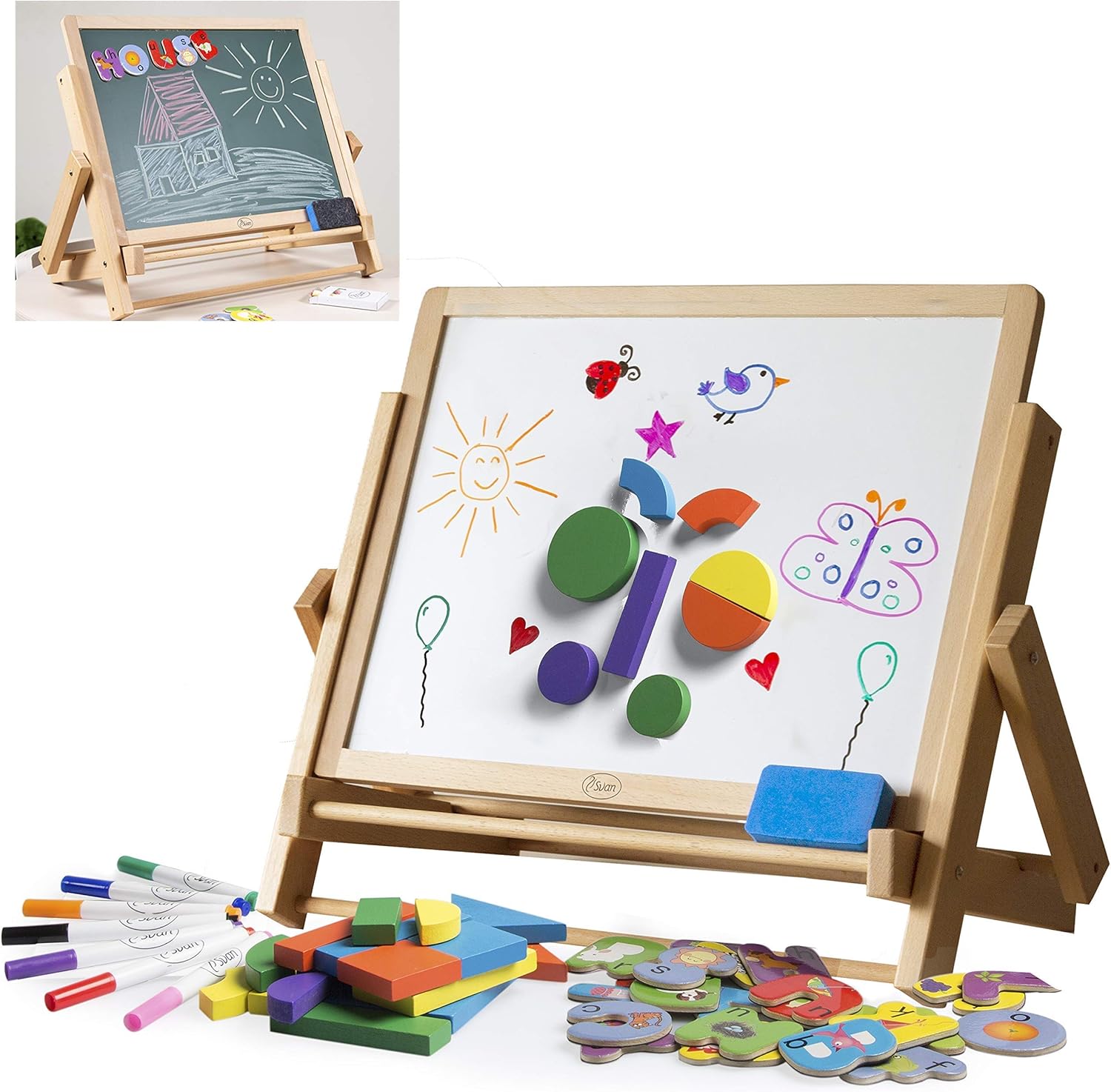 Wood Double-Sided Tabletop Easel 80pc Activity Set for Kids- Childrens Magnetic Dry Erase Whiteboard & Chalkboard, Alphabet Phonic Letters & Shapes - Back to School and Art STEM Play Center Pack of 2