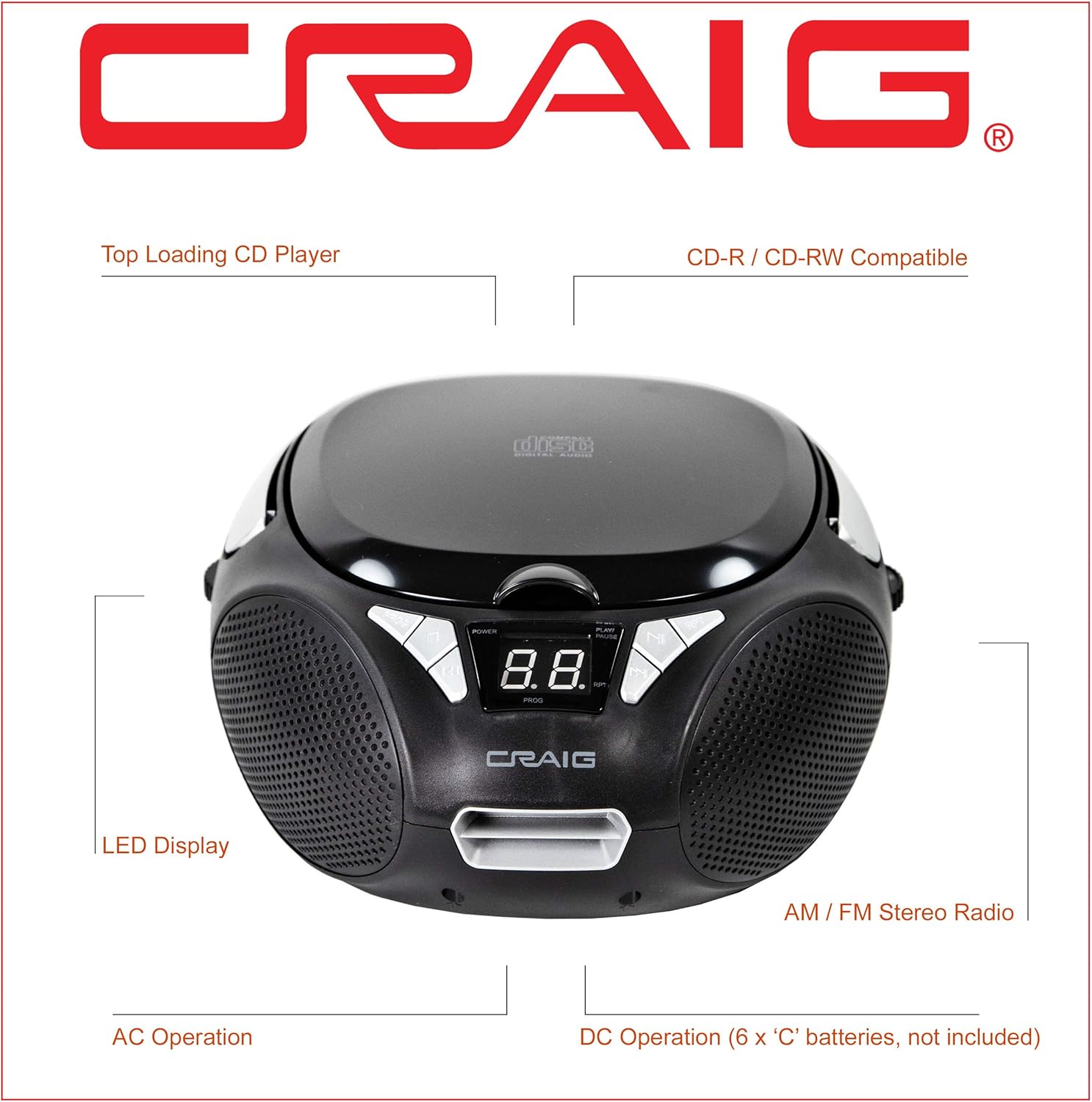 Craig CD6925 Portable Top-Loading Stereo CD Boombox with AM/FM Stereo Radio in Black | LED Display | Programmable CD Player | CD-R/CD-W Compatible | AUX Port Supported |
