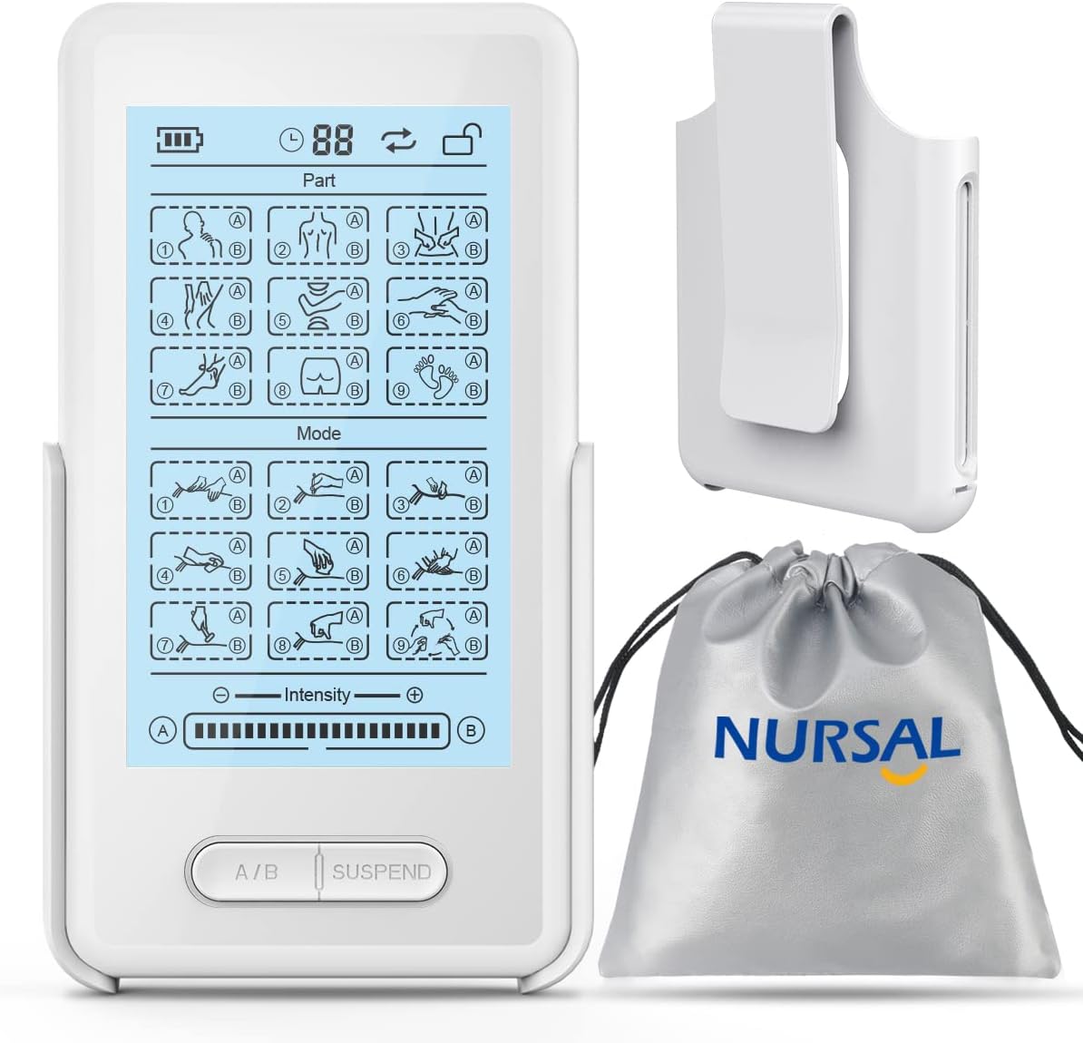 NURSAL Dual Channel TENS Unit Muscle Stimulator for Pain Relief Therapy with 16 Pads & 18 Modes, Touchscreen TENS EMS Unit with Back Clip, Easy to Operate for Elder