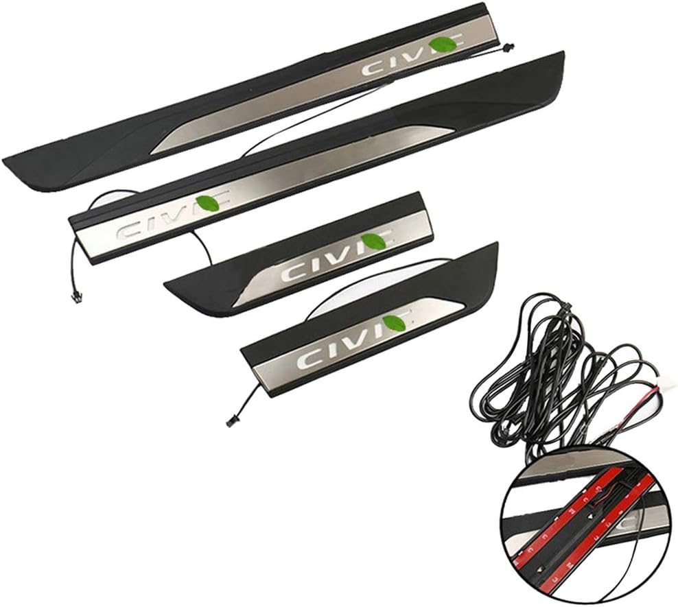 XITER Stainless Steel Door Sill Scuff Plate Guard Sills Door Entry Guard Protector Trim Autoparts Accessories 4PCS For Honda 10th Civic 2016 2017 2018 2019 2020 (With LED) Pack of 2