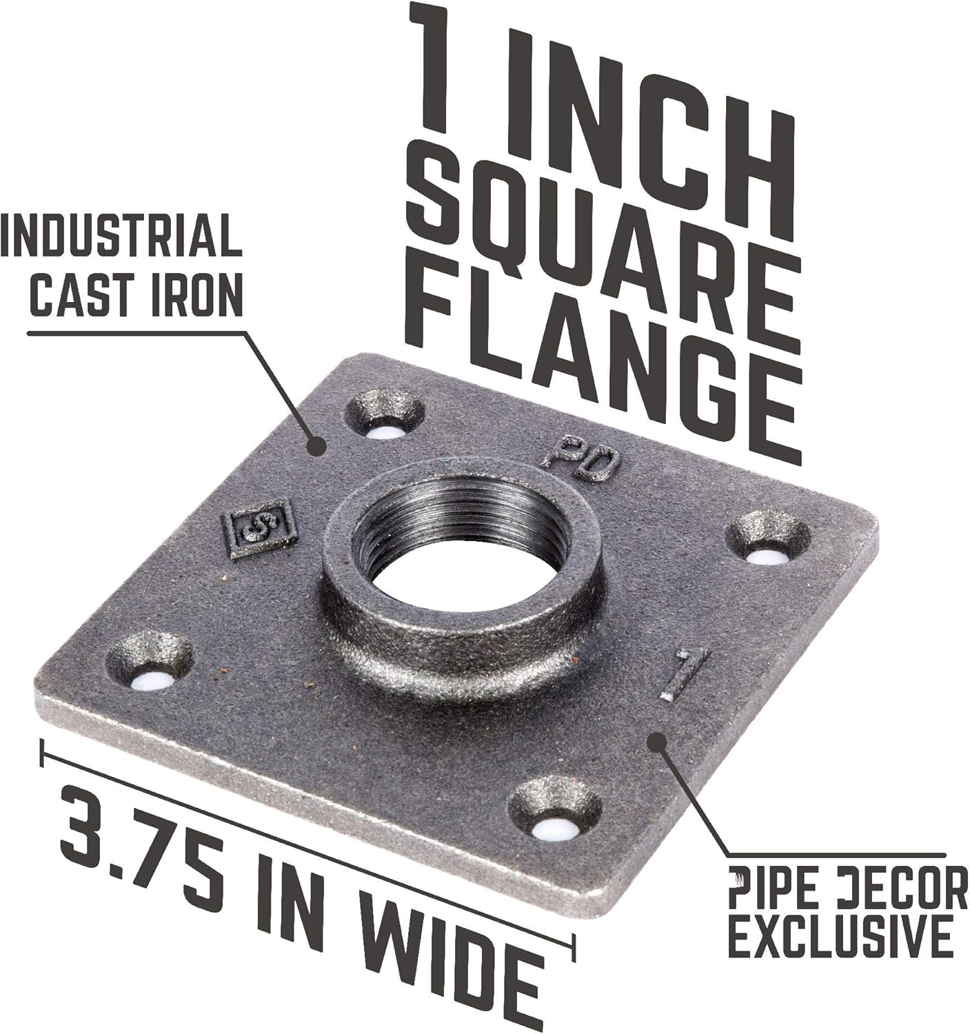 PIPE DÉCOR 1 in. Black Malleable Iron Square Floor Flanges, 8 Pack, for DIY Pipe Projects Pack of 2