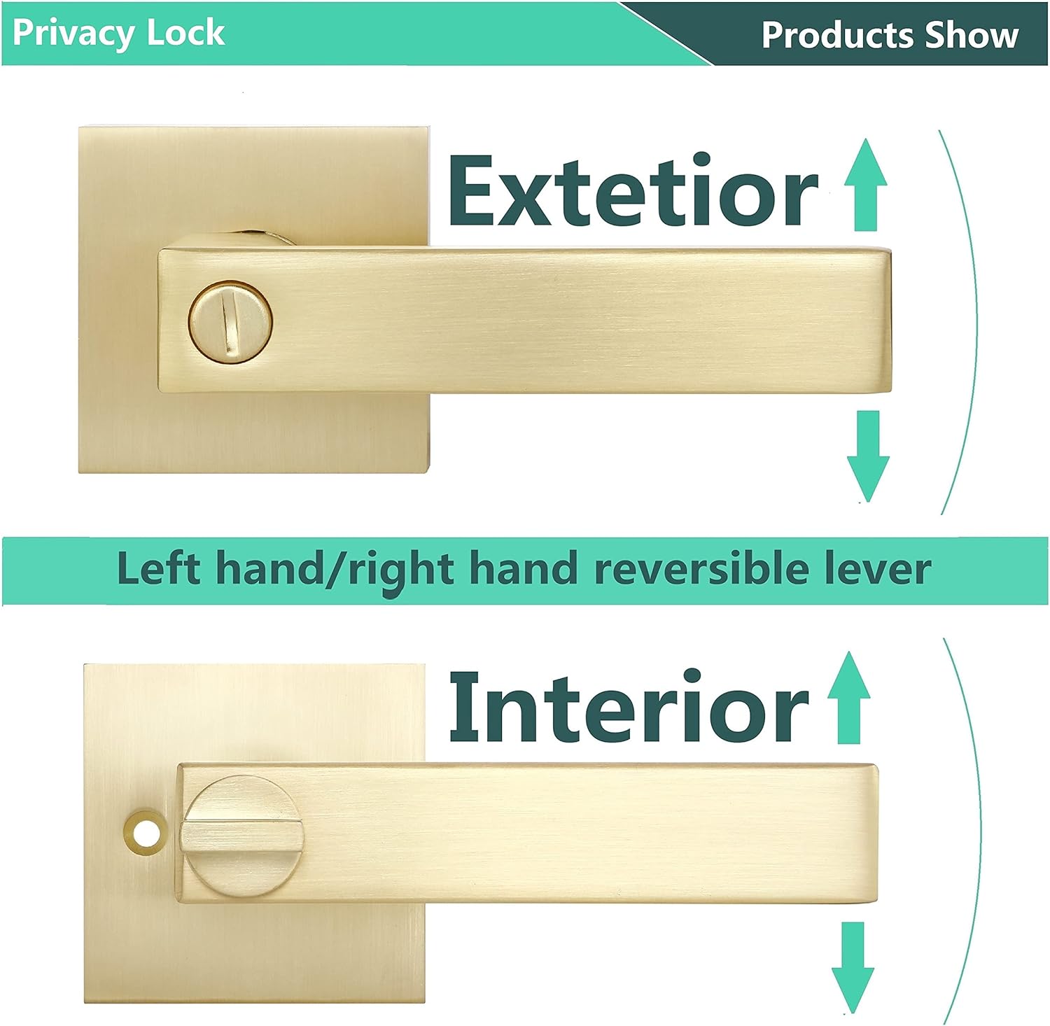 1 Pack,Privacy Square Heavy Door Lock Keyless, Stain Brass Bedroom/Bathroom Door Handles,Interior Door Knob Locked Inside with Turn Thumb Left/Right Handed Reversible
