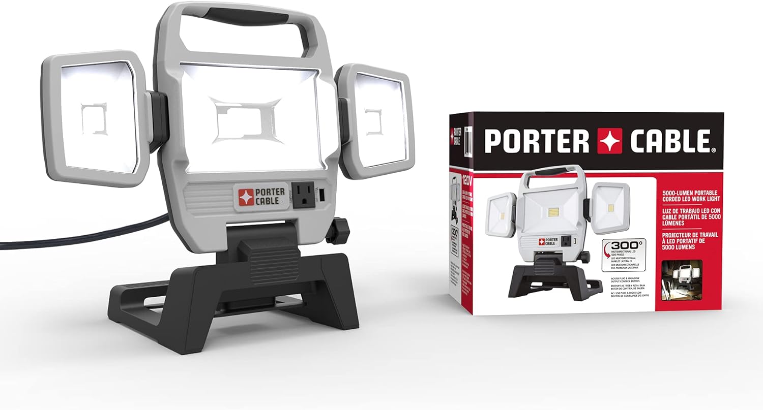 PORTER-CABLE 50W 5000-Lumen Max Portable LED Work Light, Corded, (PC1600203) Pack of 2