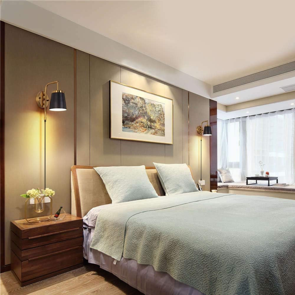 MWZ Sconces Wall Lighting Plug in,Black and Gold Modern Hardwired Sconce Wall Light with On Off Switch , Industrial Edison Adjustable Wall Lamp Metal Shade Wall Light Fixtures for Bedroom 1-Light