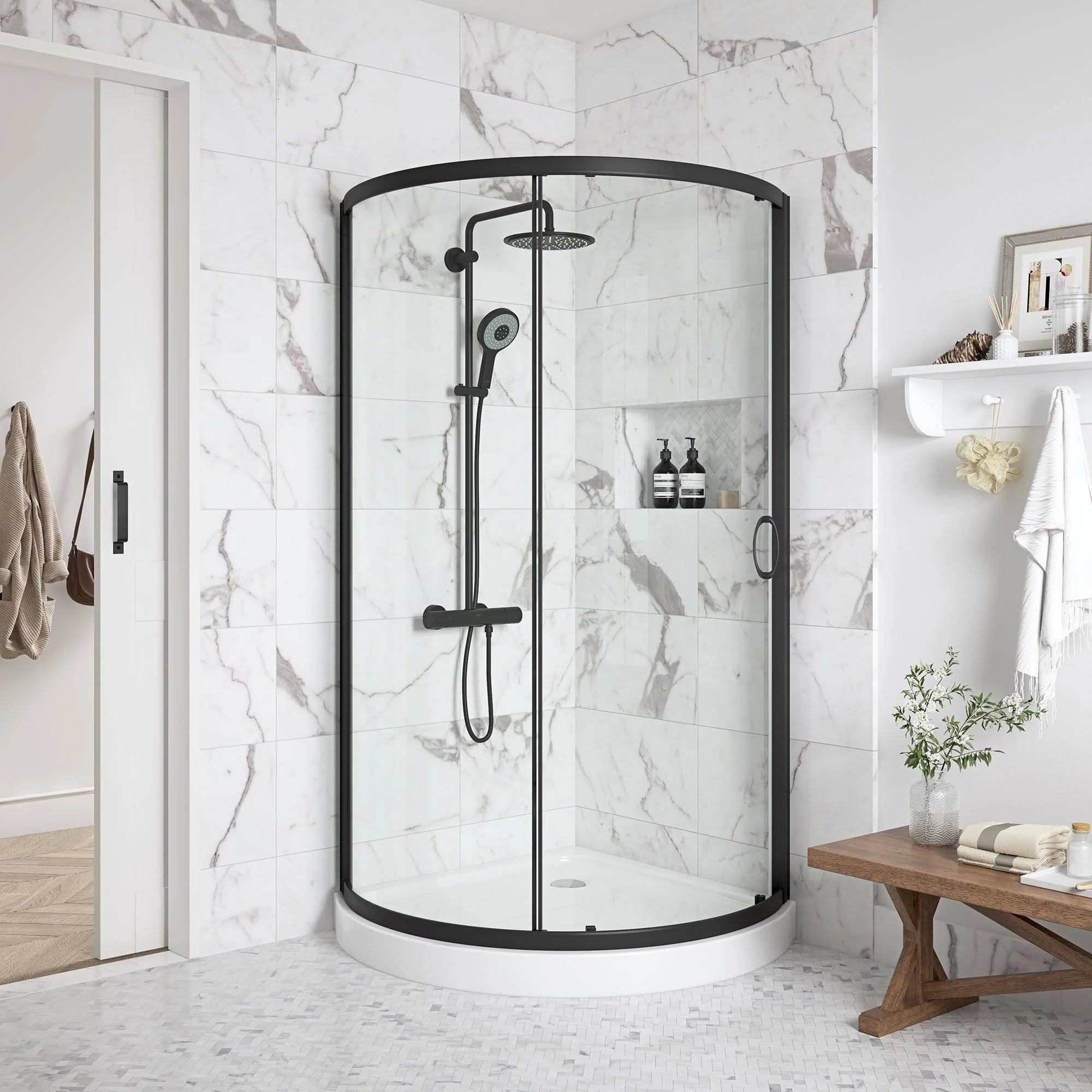 Ove Decors Breeze 34 in. Black Shower Kit with Clear Glass Panels and Base Included