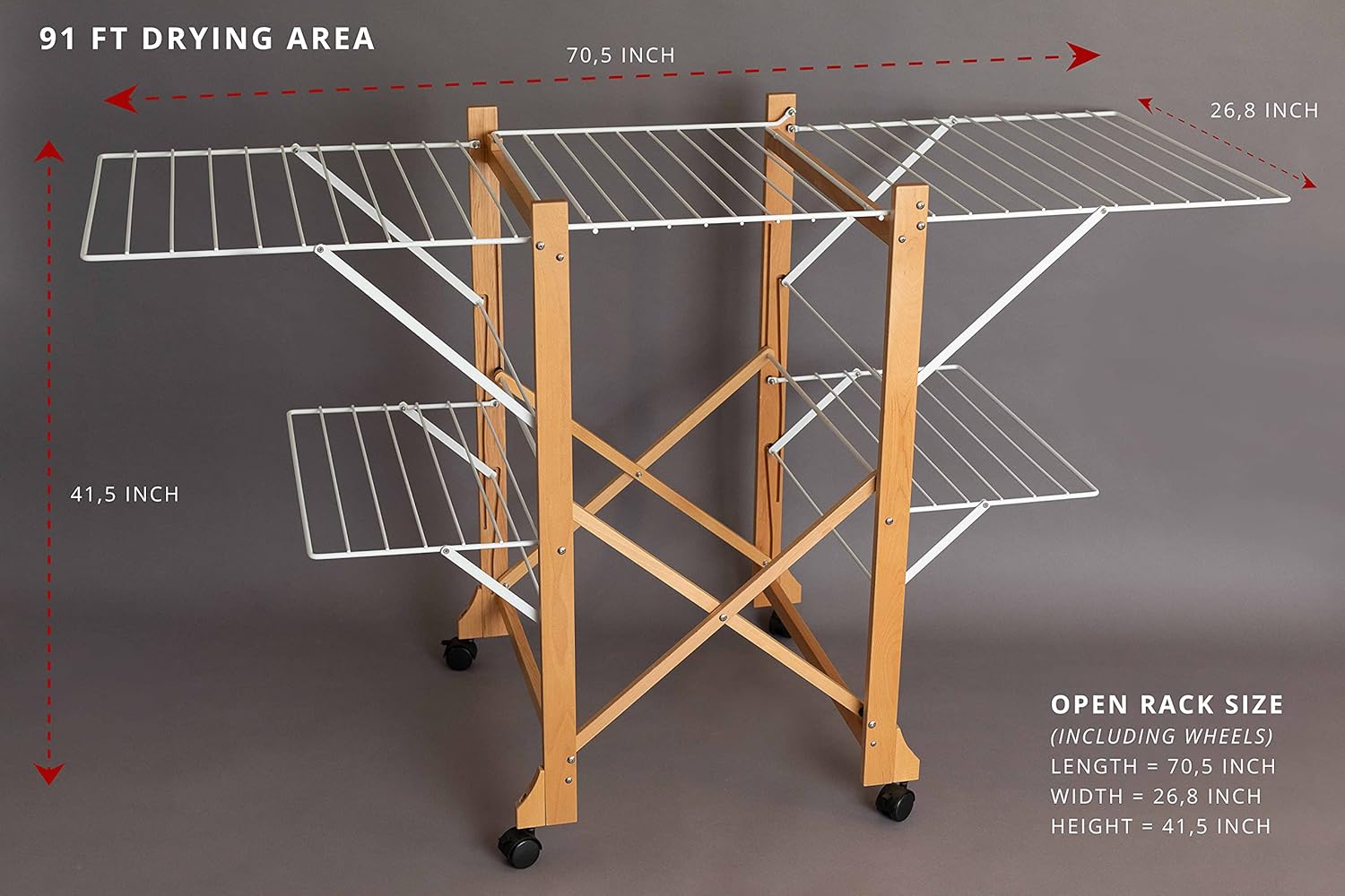 Foldable Clothes Drying Rack | Collapsible Drying Racks for Laundry | Extra Large and Heavy Duty Clothing Drying Rack with Iron Wires and Wooden Legs and 2 Levels with 91 Ft Drying Area, by Scandinaf
