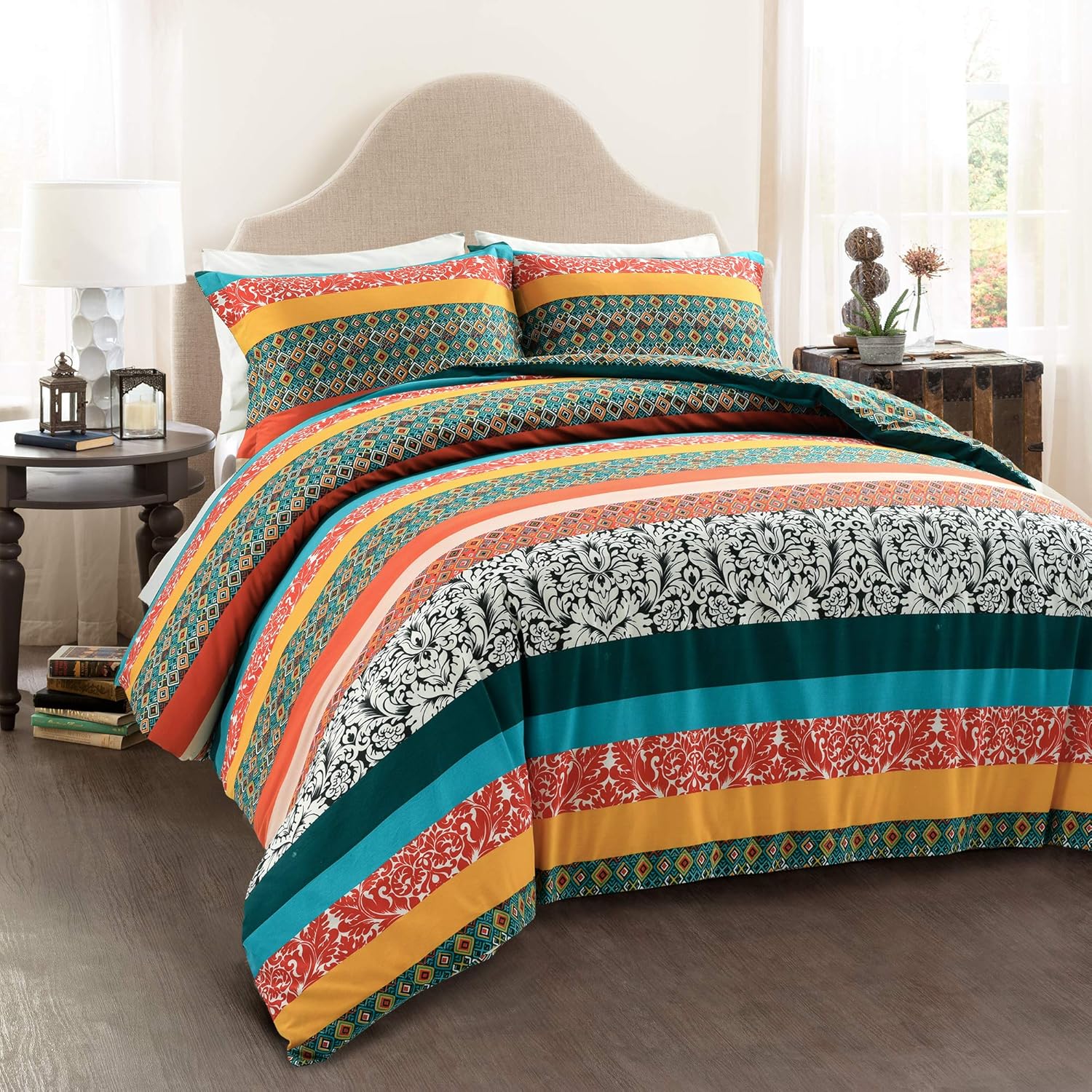 Lush Decor Boho Stripe Reversible Cotton 3 Piece Duvet Cover Set, King, Turquoise & Tangerine Pack of 2
