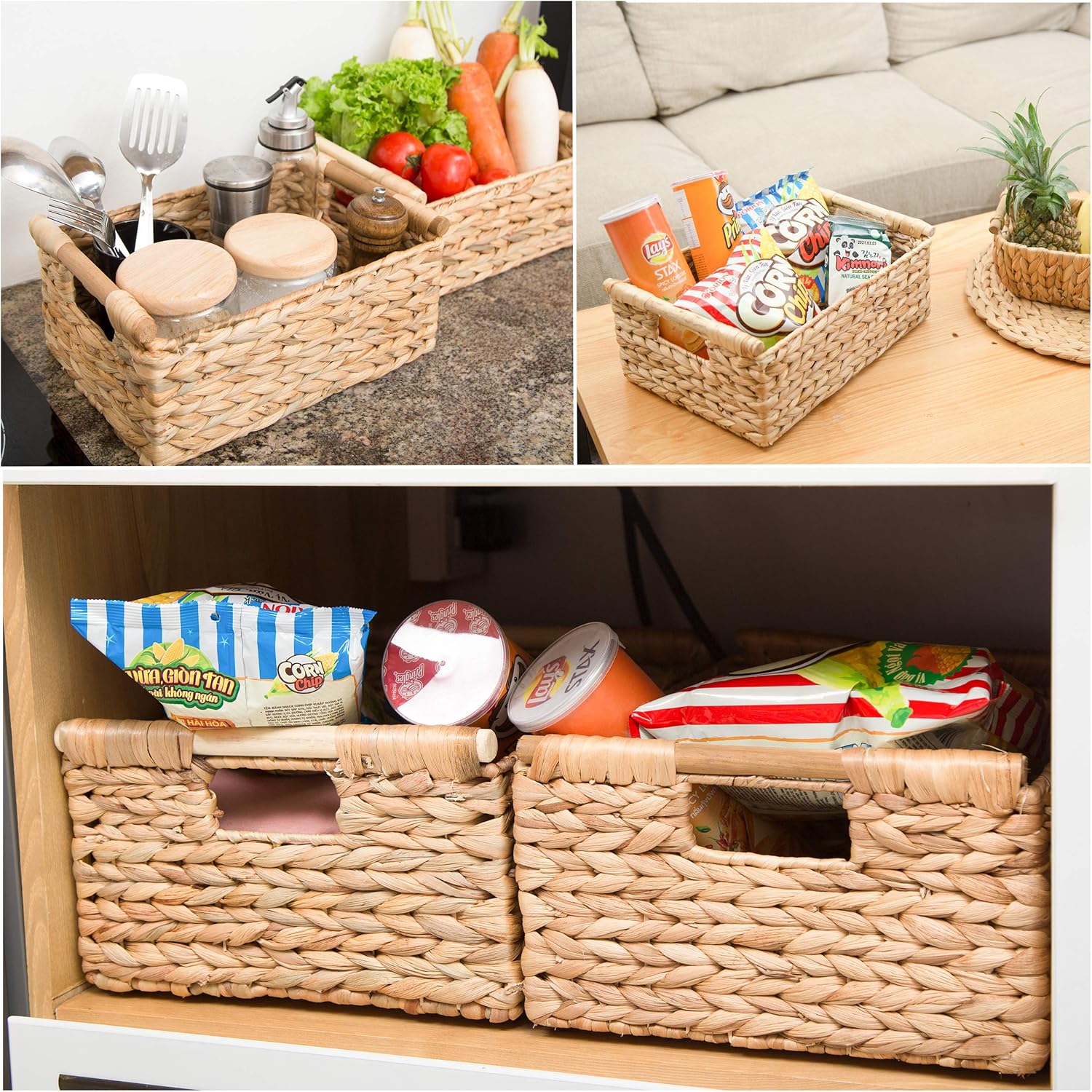 Wicker Baskets for Storage Organizing, Water Hyacinth Storage Baskets Rectangular with Wooden Handles for Shelves, Natural Wicker Storage Basket Bins - Set of Wicker Baskets for Organizing with Handle Pack of 2