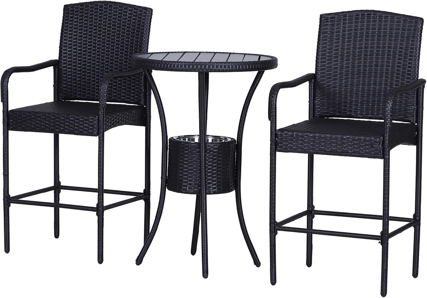 Outsunny Rattan Wicker Bar Set for 3 PCS with Ice Buckets, Patio Furniture with 1 Bar Table and 2 Bar Stools for Poolside, Backyard, Porches