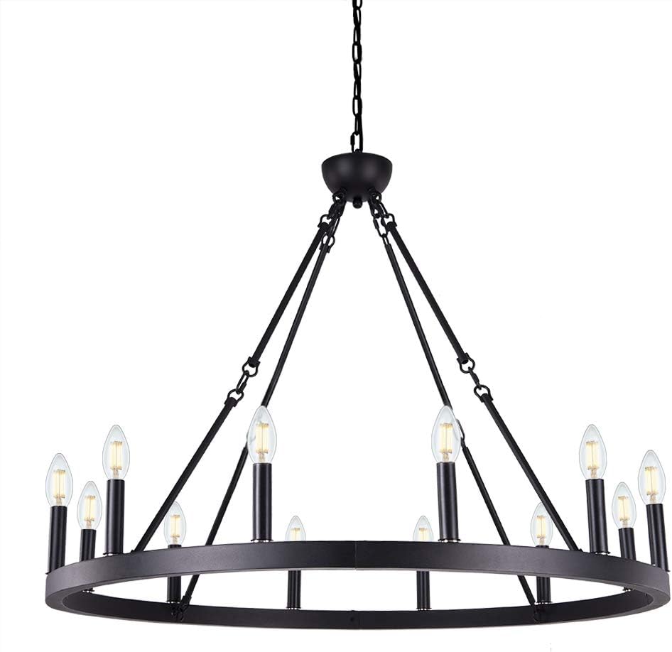 Wellmet 12-Light Black Wagon Wheel Chandelier Diam 38 inch, Farmhouse Industrial Country Style Large Round Pendant Light Fixture for Dining Room, Kitchen Island