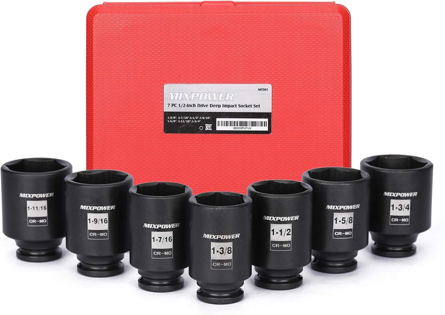 MIXPOWER 1/2-Inch Drive Deep Impact Socket Set, Inch, Cr-Mo, 6-Point, 1-3/8-Inch - 1-3/4-Inch, 7-Piece 1/2