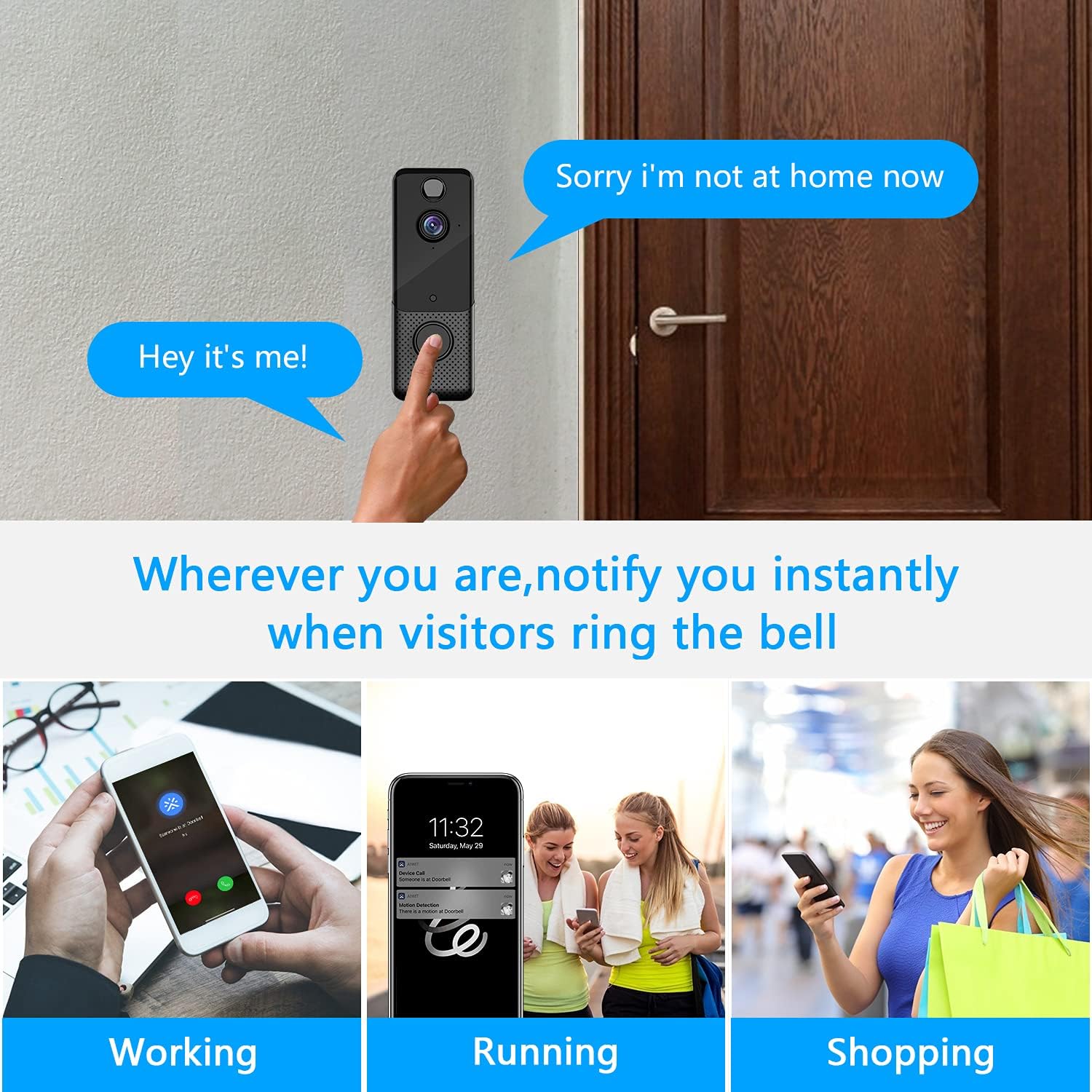 Video Doorbell Camera 1080P Wireless Door Bell with Chime, PIR Motion Detection, Two-Way Audio, Night Vision, Free Cloud Storage, 166°Wide Angle, IP65 Weatherproof, Easy Installation Pack of 2