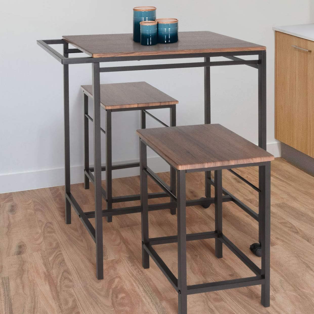 Zenvida 3 Piece Pub Table Set Breakfast Cart with 2 Stools Wood Counter Height Space Saver Mobile Kitchen Island