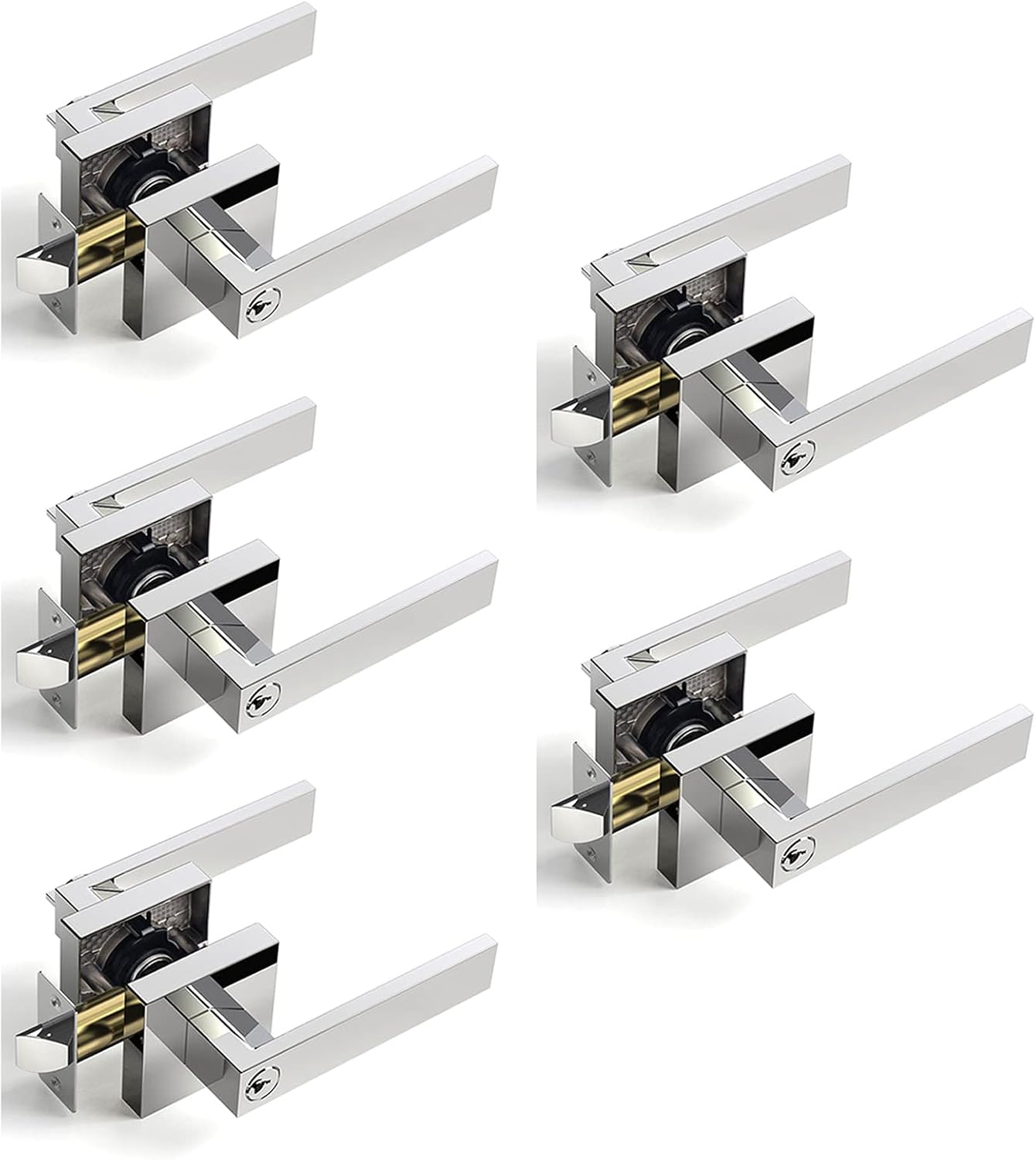 5 Pack Bedroom Polished Chrome Door Knobs with Lock and Key, Keyed Alike Black Door Handles for Interior/Exterior Doors, Sliver Modern Entry Door Lever Handle Lock