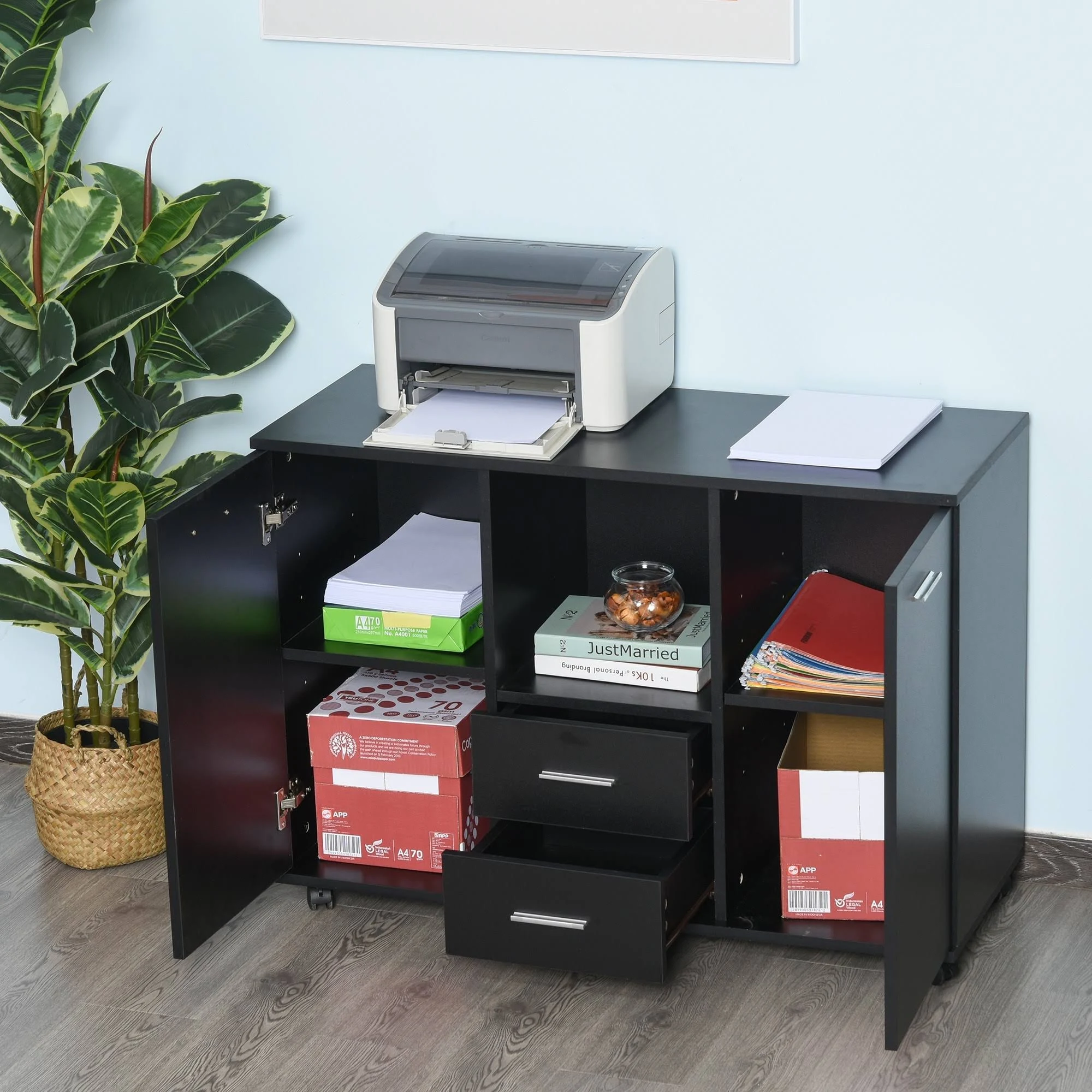 Vinsetto Printer Stand with 360 Degree Casters Multifunctional Office Cabinet Mobile File Cabinet P2 Particle Board (Black)