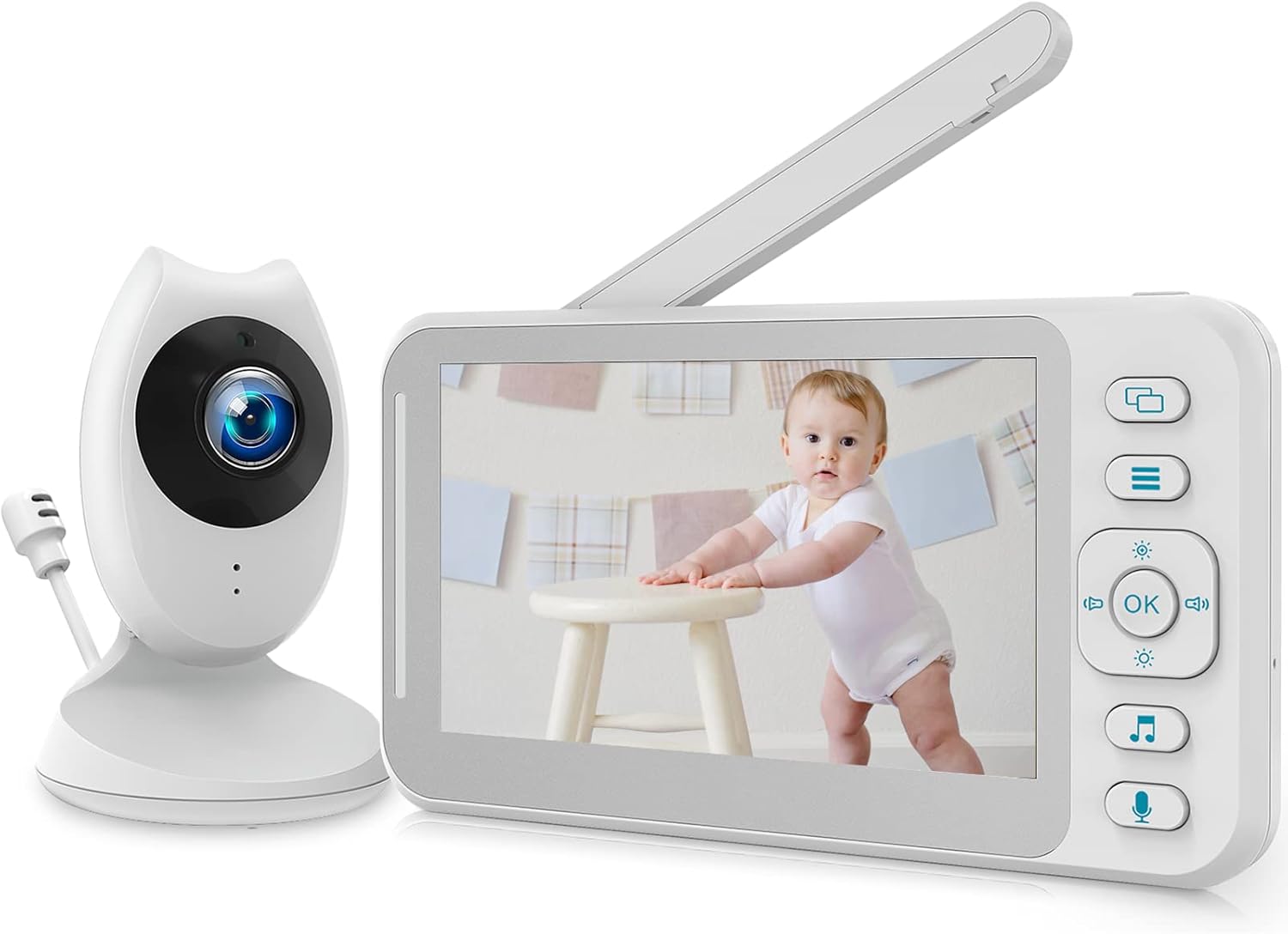Topiacam Baby Monitor with Camera and Audio, Video Baby Monitor 4.3 inch LCD Split Screen, Two-Way Talk, Night Vision, 8 Lullabies, Temperature Monitor and Long Last Battery, White (BM40)