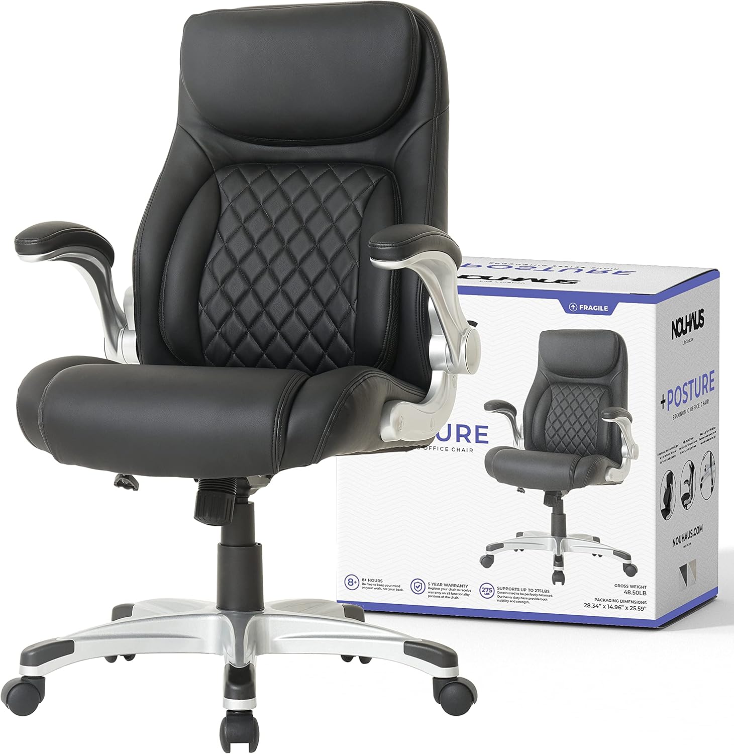 NOUHAUS +Posture Ergonomic PU Leather Office Chair. Click5 Lumbar Support with FlipAdjust Armrests. Modern Executive Chair and Computer Desk Chair (Black)