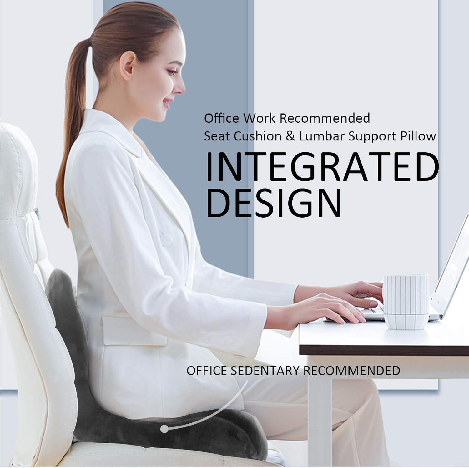 Seat Cushion with Lumbar Support Pillow for Office Chair - Coccyx Memory Foam Cushions for Sciatica, Lower Back Tailbone Pain Relief - Grey