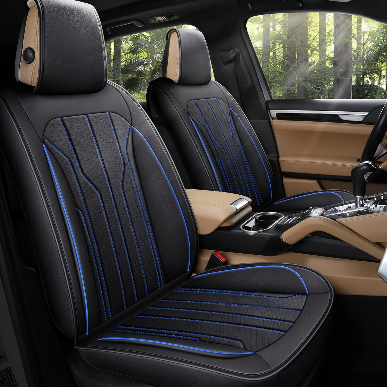 AOOG Leather Car Seat Covers, Leatherette Automotive Seat Covers for Cars SUV Pick-up Truck, Non-Slip Vehicle Car Seat Covers Universal Fit Set for Auto Interior Accessories, Front Pair, Black&Blue