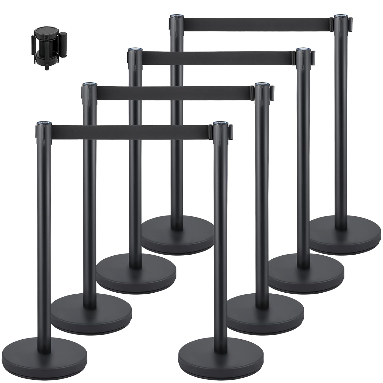 VEVOR Crowd Control Stanchion, Set of 8 Pieces Stanchion Set, Stanchion Set with 6.6 ft/2 m Black Retractable Belt, Black Crowd Control Barrier w/Concrete and Metal Base - Easy Connect Assembly