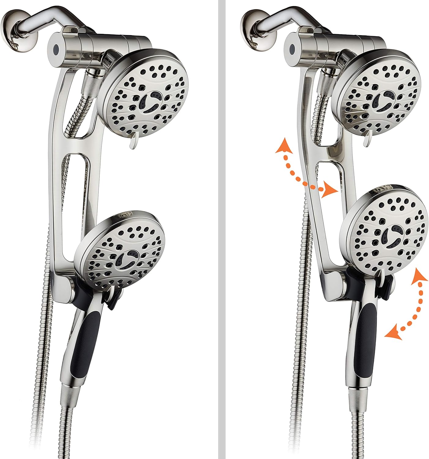 AquaSpa High Pressure 48-mode Luxury 3-way Combo with Adjustable Extension Arm – Dual Rain & Handheld Shower Head – Extra Long 6 Foot Stainless Steel Hose – All Brushed Nickel Finish – Top US Brand Pack of 2