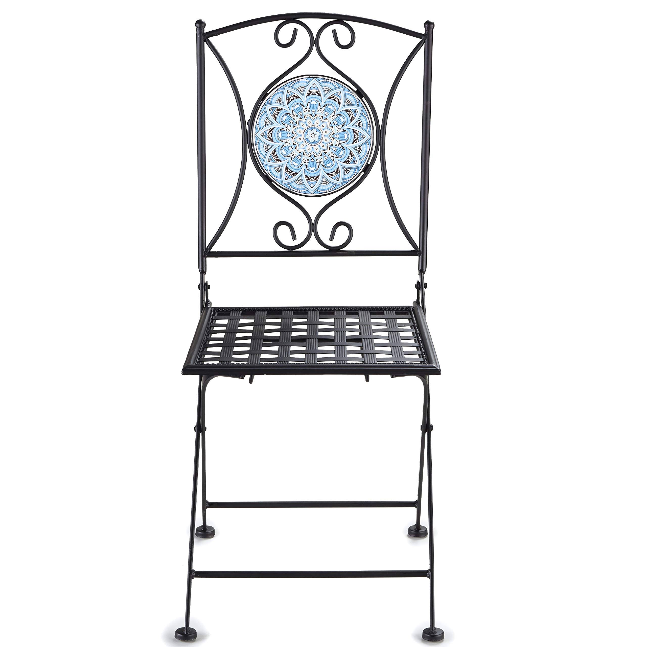 Metal Folding Patio Chair with Decorative Tile Mosaic - Black