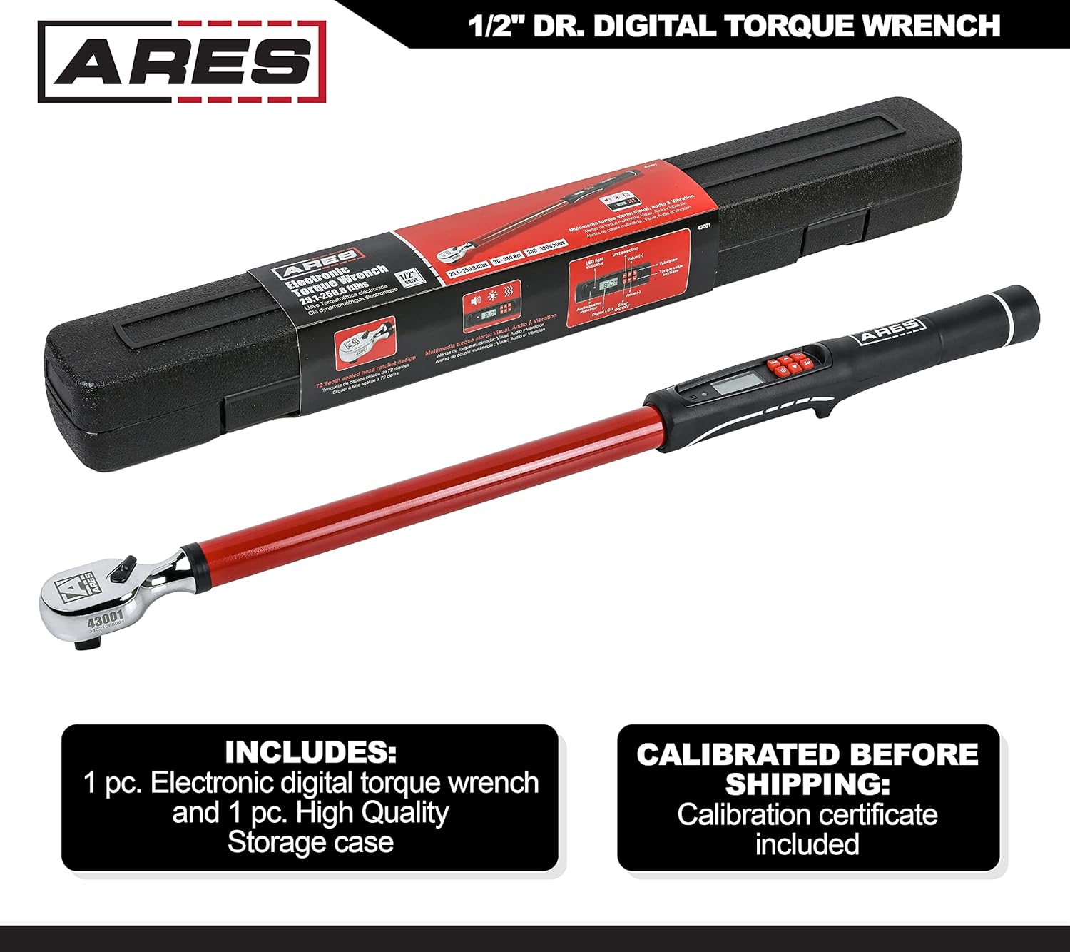 ARES 43001 - 1/2-Inch Drive Electronic Digital Torque Wrench - 25.1-250.8 ft/lbs (30-340Nm) - +/- 2% Accuracy - Reversible Thumb Switch on Sealed Head - Multi-Alert System Prevents Over-Torquing