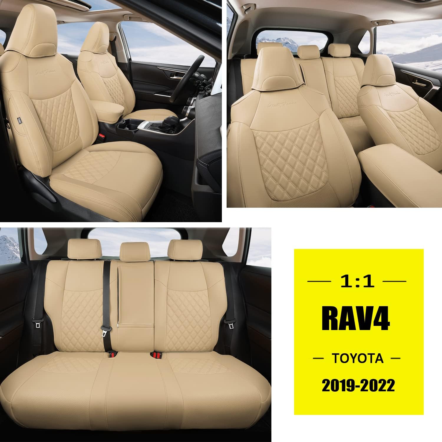 GIANT PANDA Pu Leather Car Seat Covers Full Set Custom Fit for 2019 2020 2021 2022 Toyota RAV4 (Not for Adventure and TRD-Off ) -(Black)