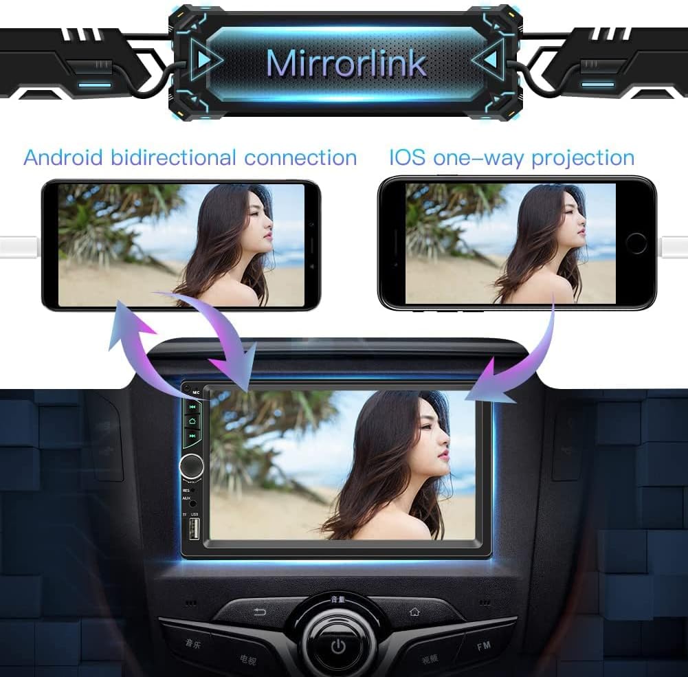 7inch Car Stereo Double Din Radio Touchscreen with Backup Camera Multimedia Car Audio Support Mirror Link ,Bluetooth Caller ID,FM/MP3/MP4/USB/Subwoofer,Aux Input Car Audio Receivers