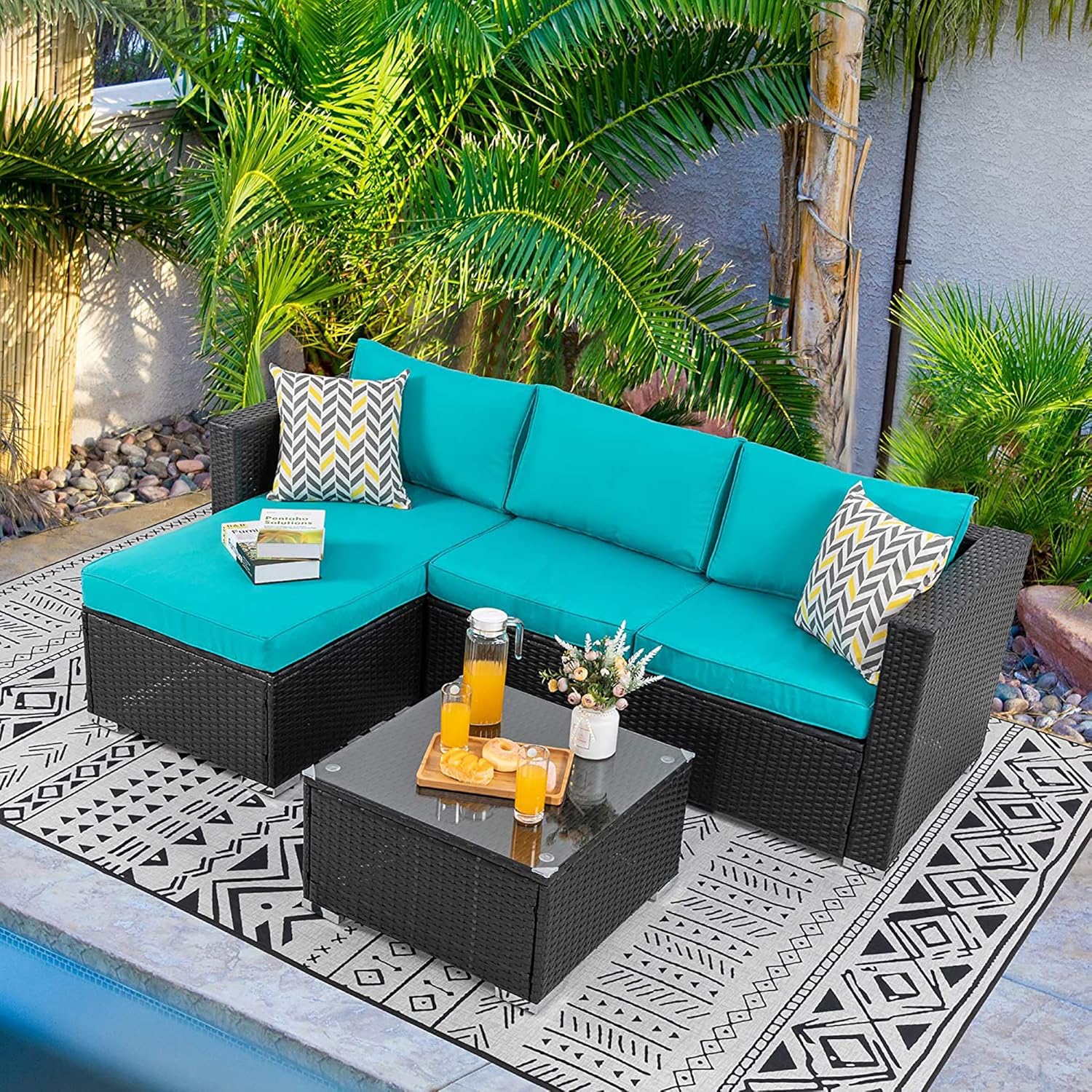 Walsunny 3 Piece Outdoor Furniture Sectional Sofa Patio Set with Upgrade Rattan Wicker Upgrade Wicker(Black Rattan)(Blue)