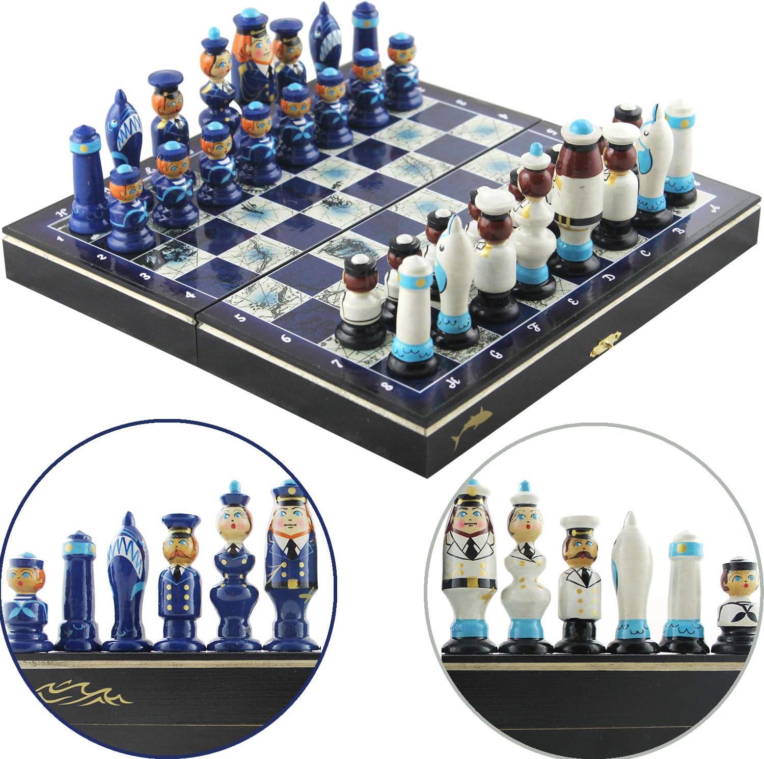 Nautical Decorations for Home - Themed Chess Set with Handmade Chess Pieces Wooden Russian Dolls Sailors - Beach or Sailboat Decor - Navy Sailing Fun Gift for Boaters