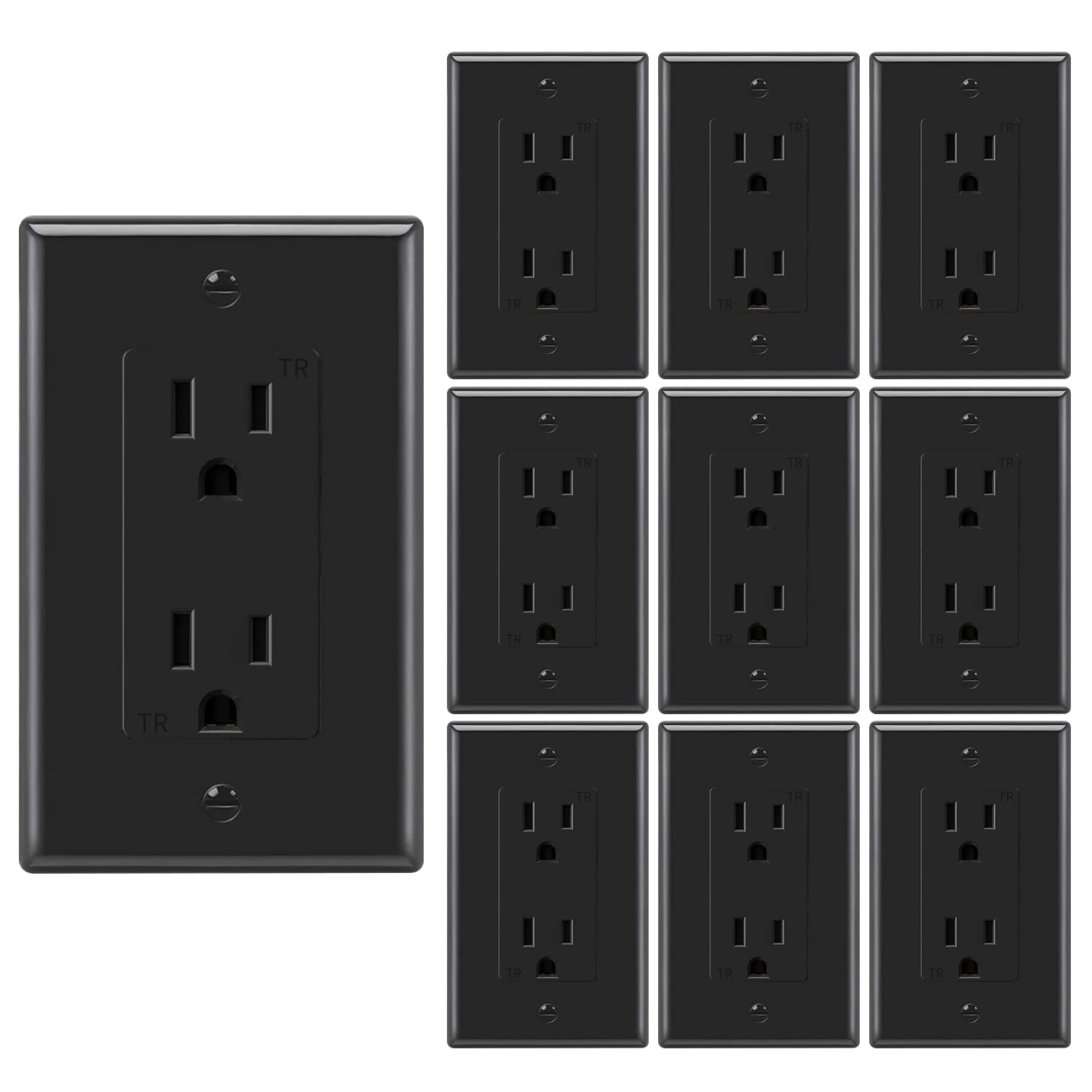 Outlet Socket, Decora Receptacle, 20 Amp, 125 Volt, Tamper Resistant, Grounding UL Listed Black Micmi Glossy Black (20A Outlet with Wallplates 10pack)