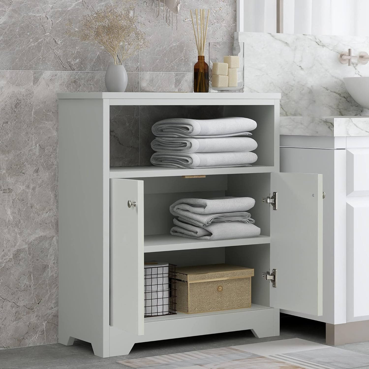 Merax Storage Cabinet Bathroom Furniture Ample Space Wood Freestanding with Two Doors and Adjustable Shelves, Oak