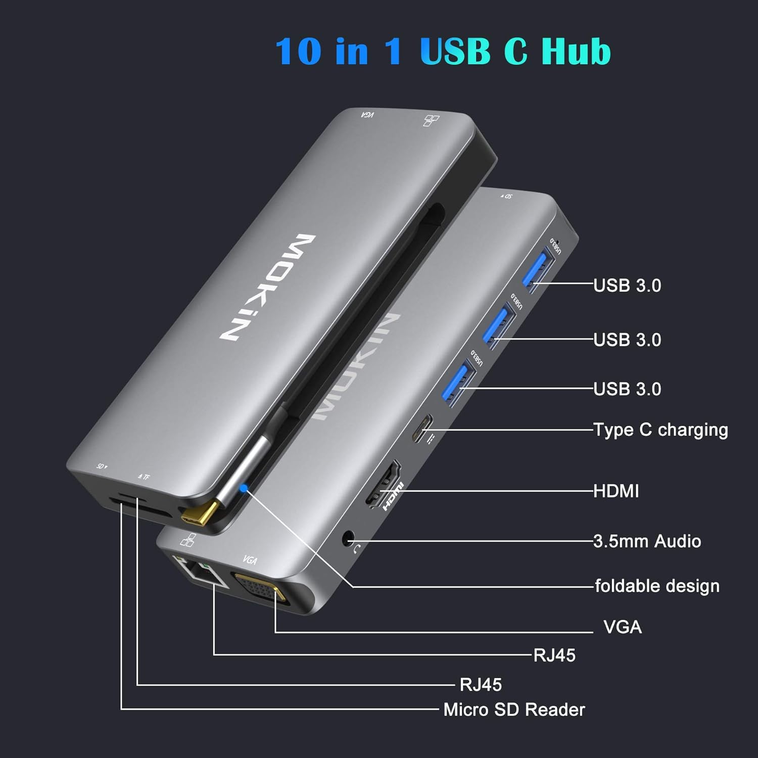 USB C Hub Multiport Adapter - 10 in 1 Portable Dongle with 4K HDMI, VGA, Ethernet, 3 USB Ports, Audio, PD Charger, SD/Micro SD Card Reader Compatible for MacBook Pro, XPS More Type C Devices.