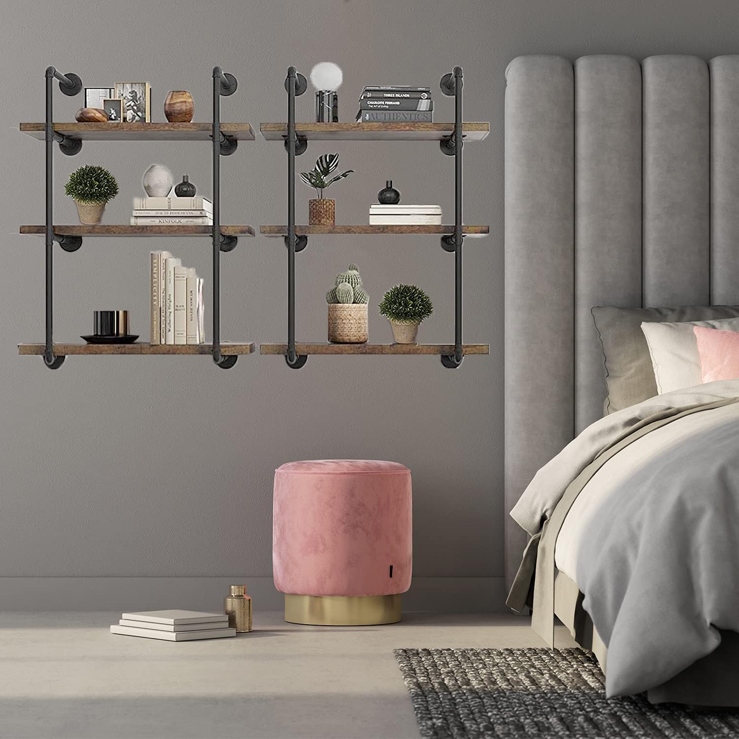 Furnihold Industrial Shelf Wall Mount, Iron Pipe Shelving Bracket, Rustic Metal Floating Shelves, Open Bookshelf DIY Storage Display Rack for Home Kitchen Office (47