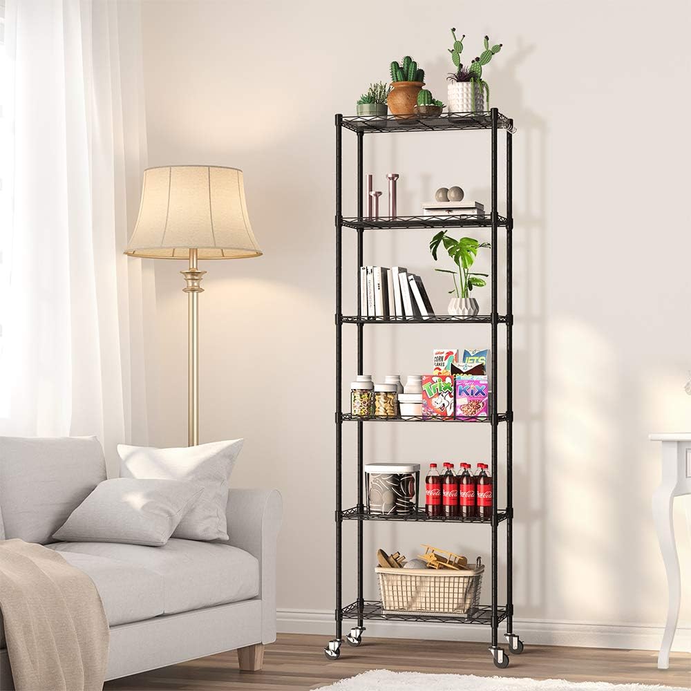 NATRKE 6-Tier Storage Shelf Wire Shelving Unit, Adjustable Heavy Duty Storage Shelves for Kitchen Organization, with Leveling Feet and Lockable Wheels, Black (21.26 Lx12 Wx69 H)