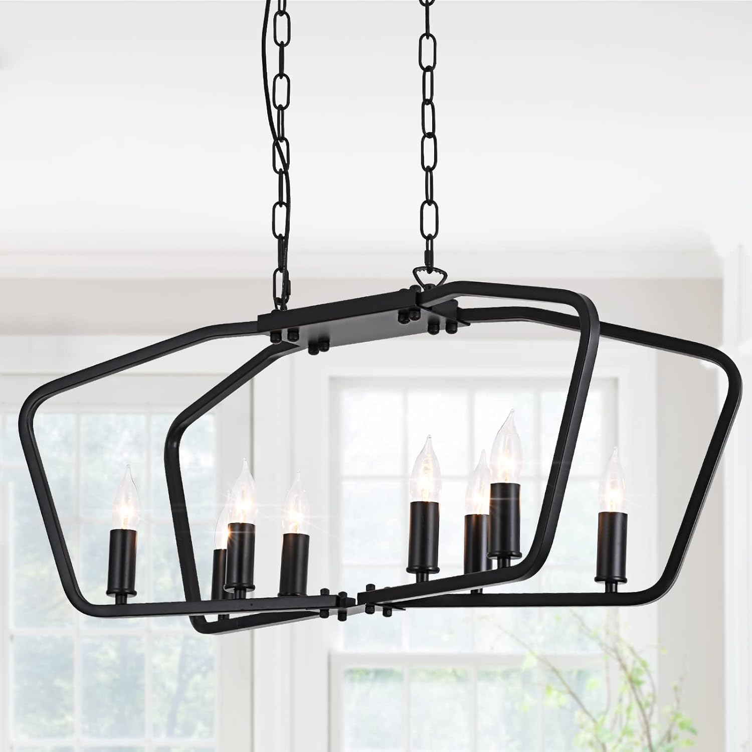 Goomavi 8-Light Linear Pendant Light Fixture, Kitchen Island Lights Lantern Pendant Lighting,Black Chandeliers for Dining Room
